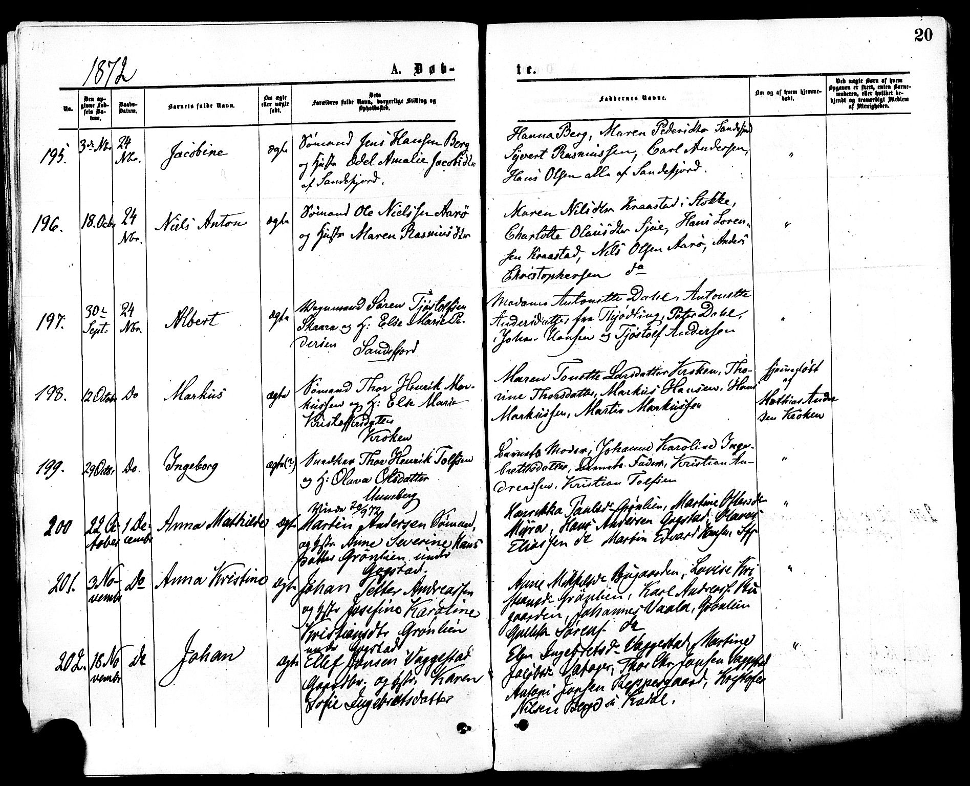 Sandar kirkebøker, AV/SAKO-A-243/F/Fa/L0010: Parish register (official) no. 10, 1872-1882, p. 20
