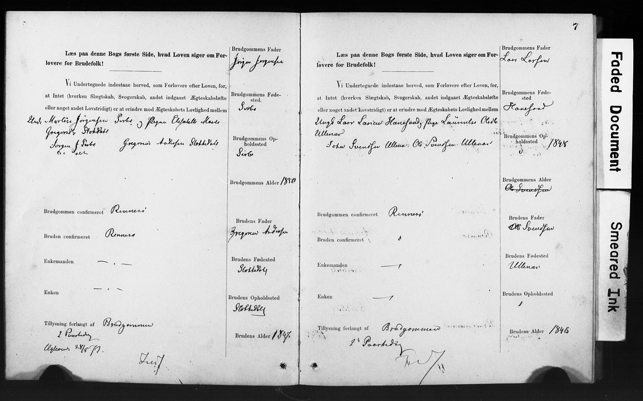 Rennesøy sokneprestkontor, AV/SAST-A -101827/I/Ie/L0001: Banns register no. 1, 1873-1898, p. 7