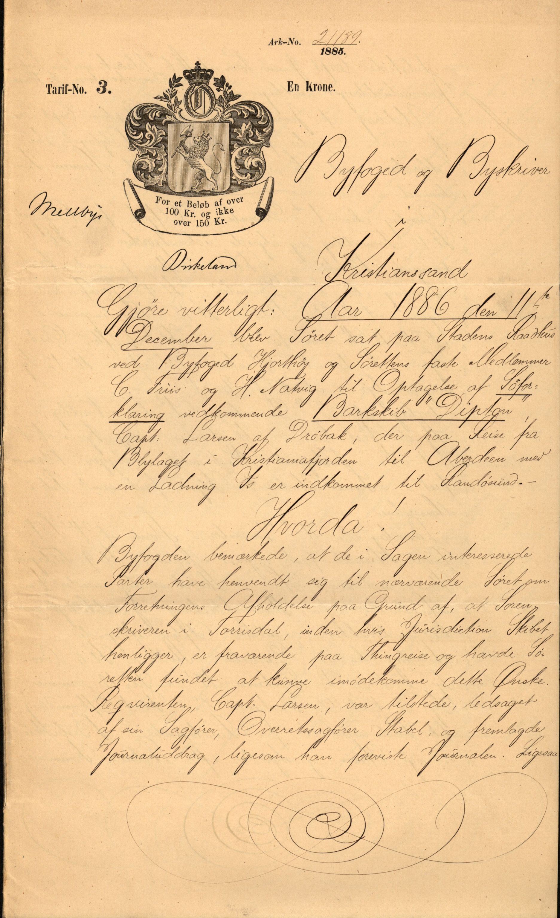 Pa 63 - Østlandske skibsassuranceforening, VEMU/A-1079/G/Ga/L0019/0001: Havaridokumenter / Telanak, Telefon, Ternen, Sir John Lawrence, Benguela, 1886, p. 2