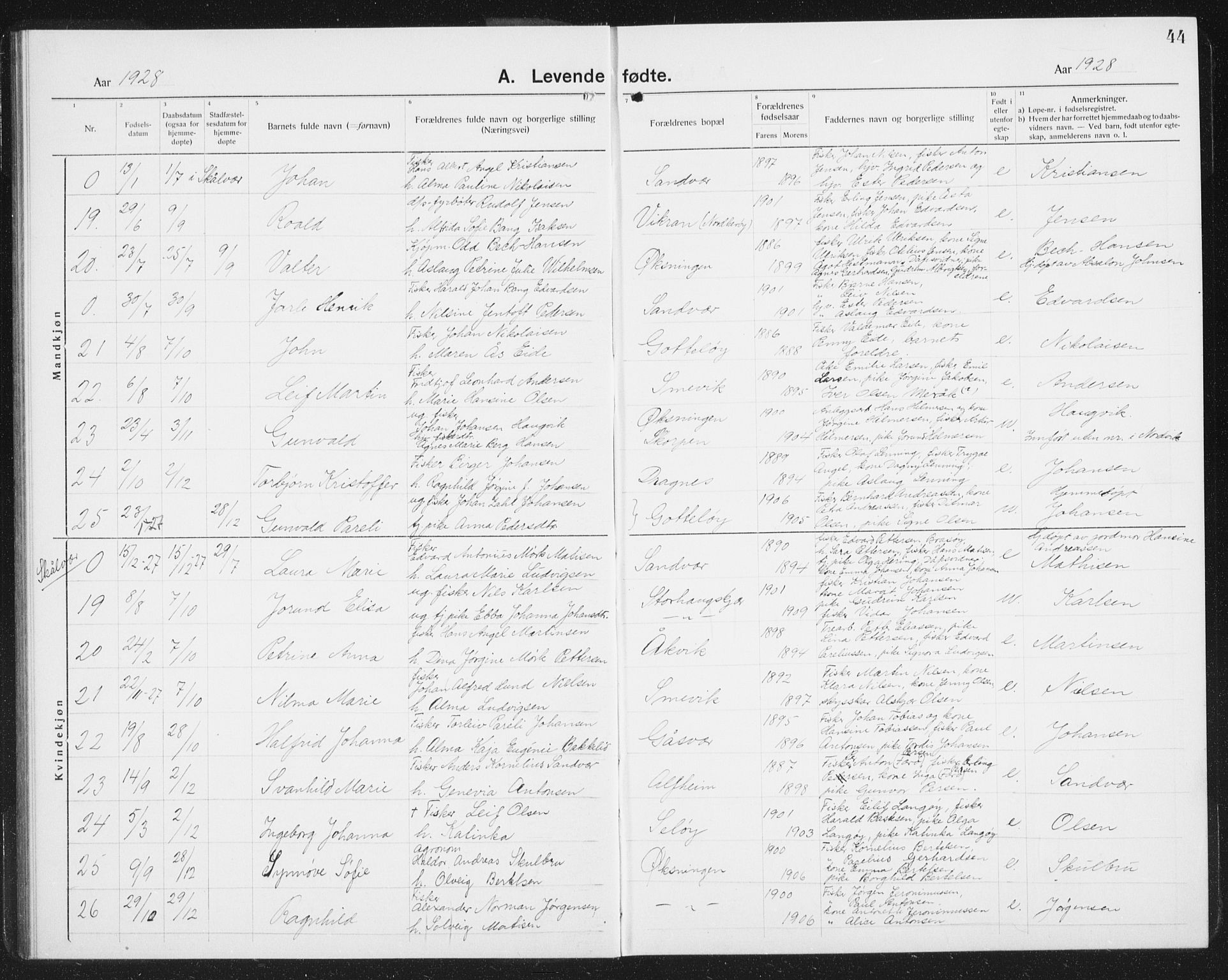 Ministerialprotokoller, klokkerbøker og fødselsregistre - Nordland, SAT/A-1459/834/L0517: Parish register (copy) no. 834C07, 1919-1939, p. 44