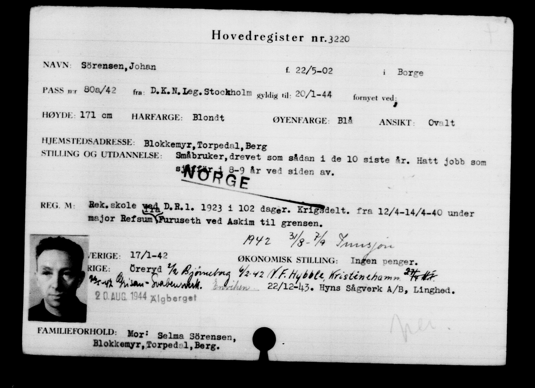Utenriksstasjonene, Legasjonen i Stockholm, Flyktningkontoret, AV/RA-S-6753/V/Va/L0003: Kjesäterkartoteket, flyktninger med registreringsnr. 2001-3495, 1940-1945, p. 1680