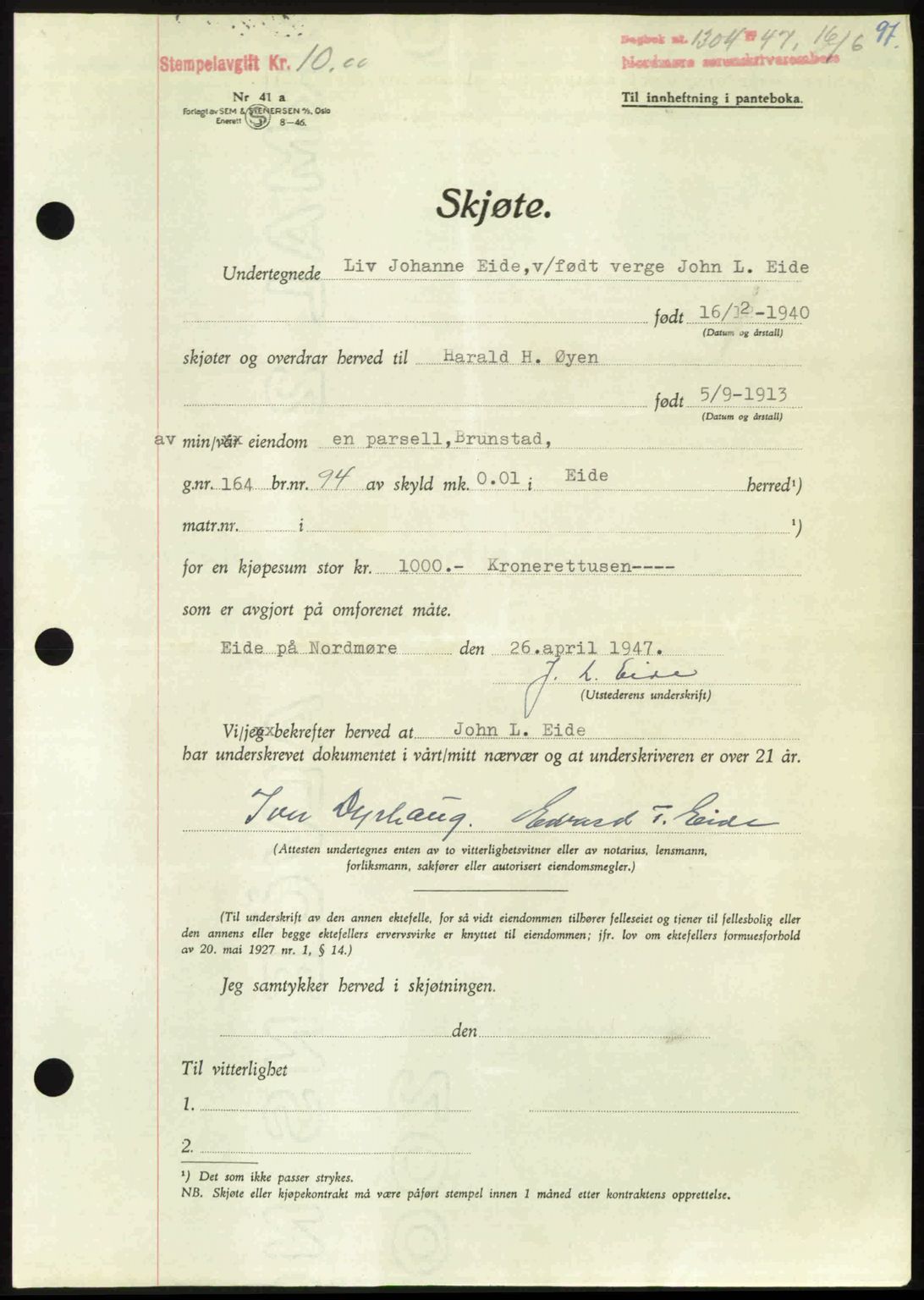 Nordmøre sorenskriveri, AV/SAT-A-4132/1/2/2Ca: Mortgage book no. A105, 1947-1947, Diary no: : 1304/1947