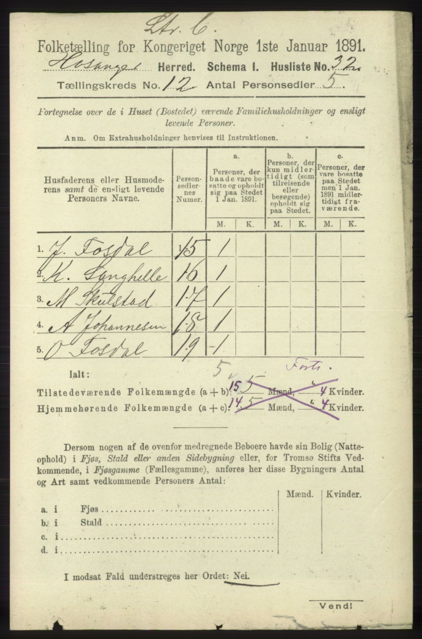 RA, 1891 census for 1253 Hosanger, 1891, p. 3994