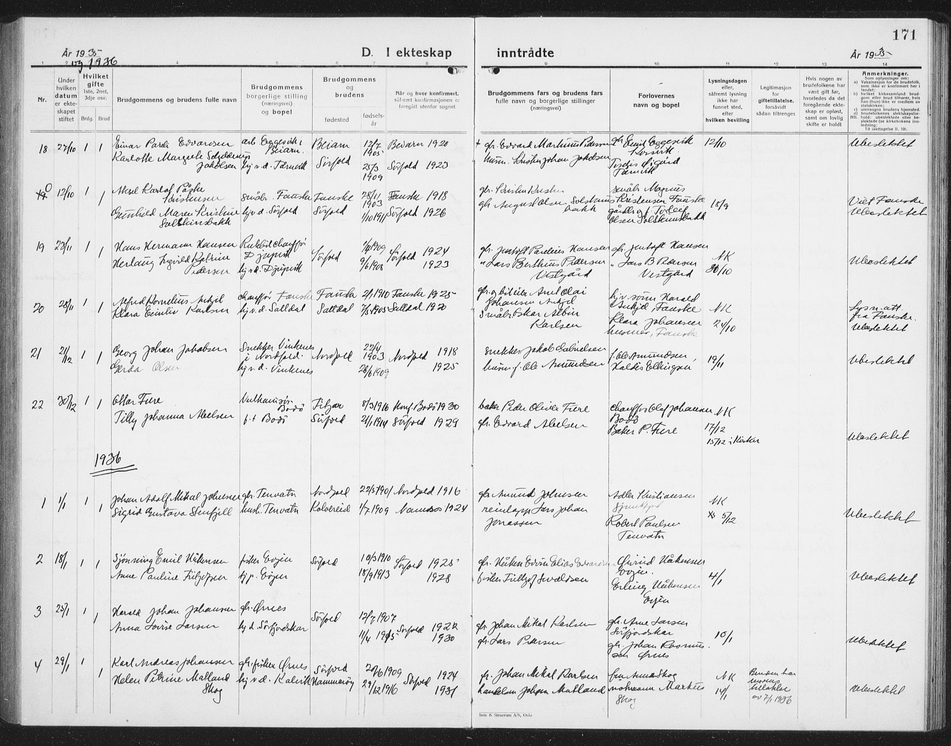 Ministerialprotokoller, klokkerbøker og fødselsregistre - Nordland, AV/SAT-A-1459/854/L0788: Parish register (copy) no. 854C04, 1926-1940, p. 171