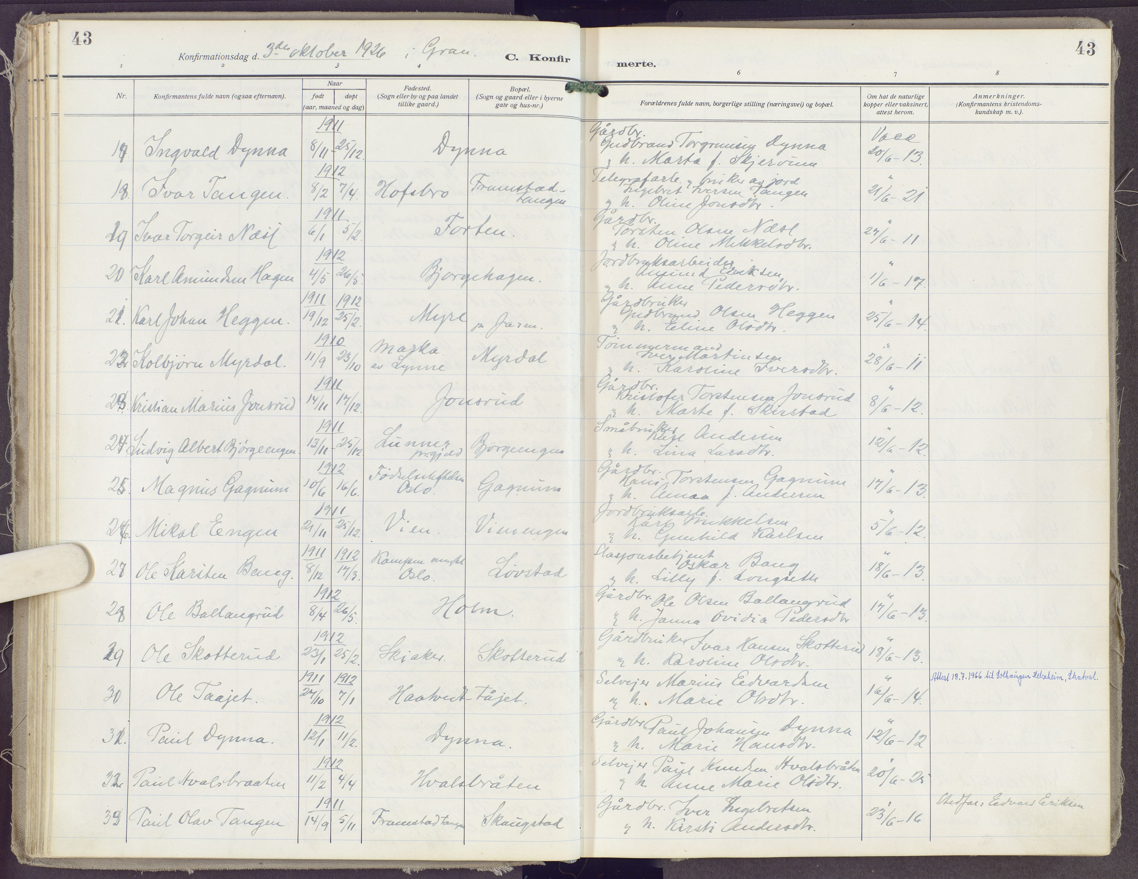 Gran prestekontor, AV/SAH-PREST-112/H/Ha/Haa/L0023: Parish register (official) no. 23, 1919-1938, p. 43
