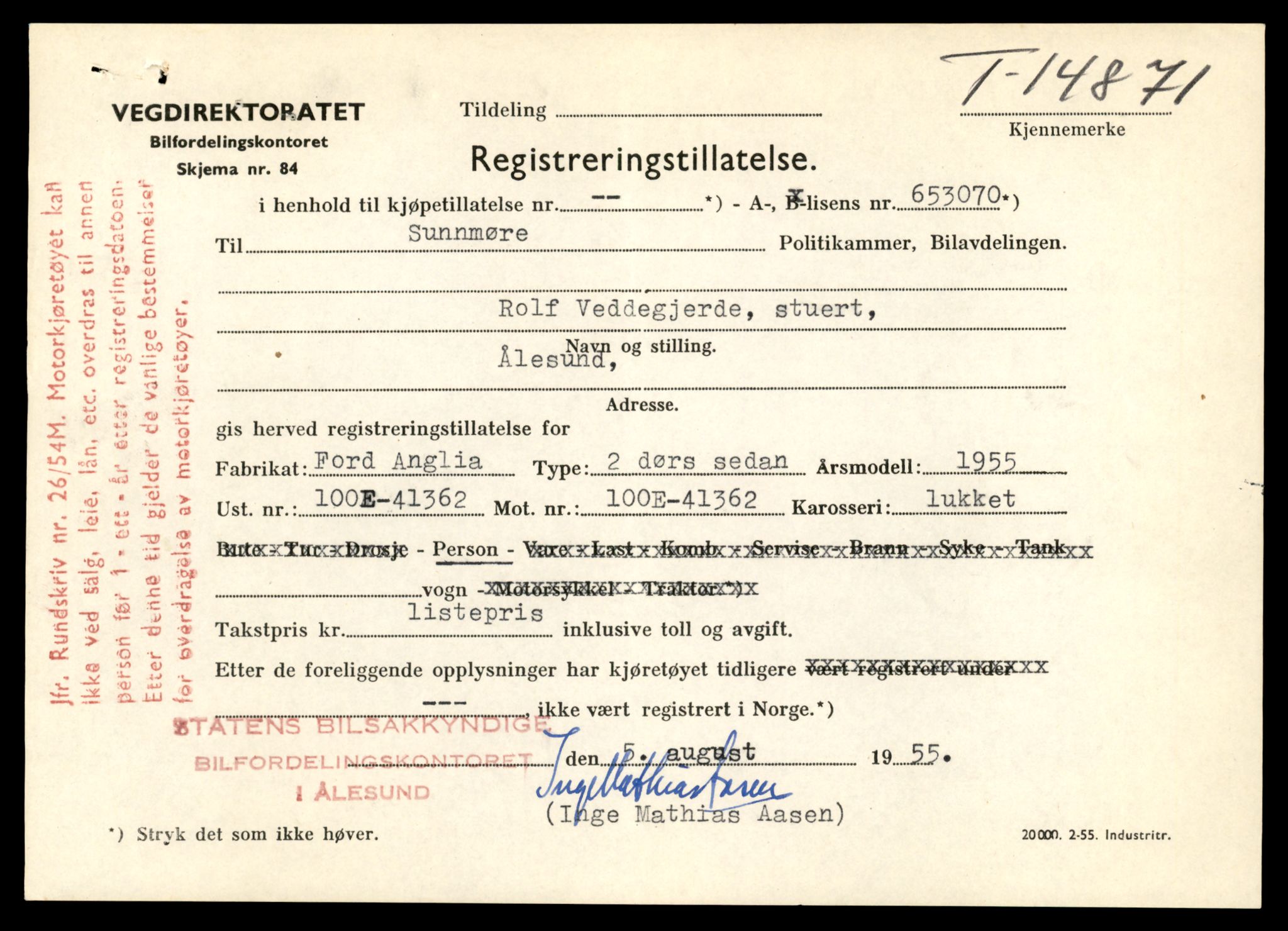 Møre og Romsdal vegkontor - Ålesund trafikkstasjon, AV/SAT-A-4099/F/Fe/L0049: Registreringskort for kjøretøy T 14864 - T 18613, 1927-1998, p. 187
