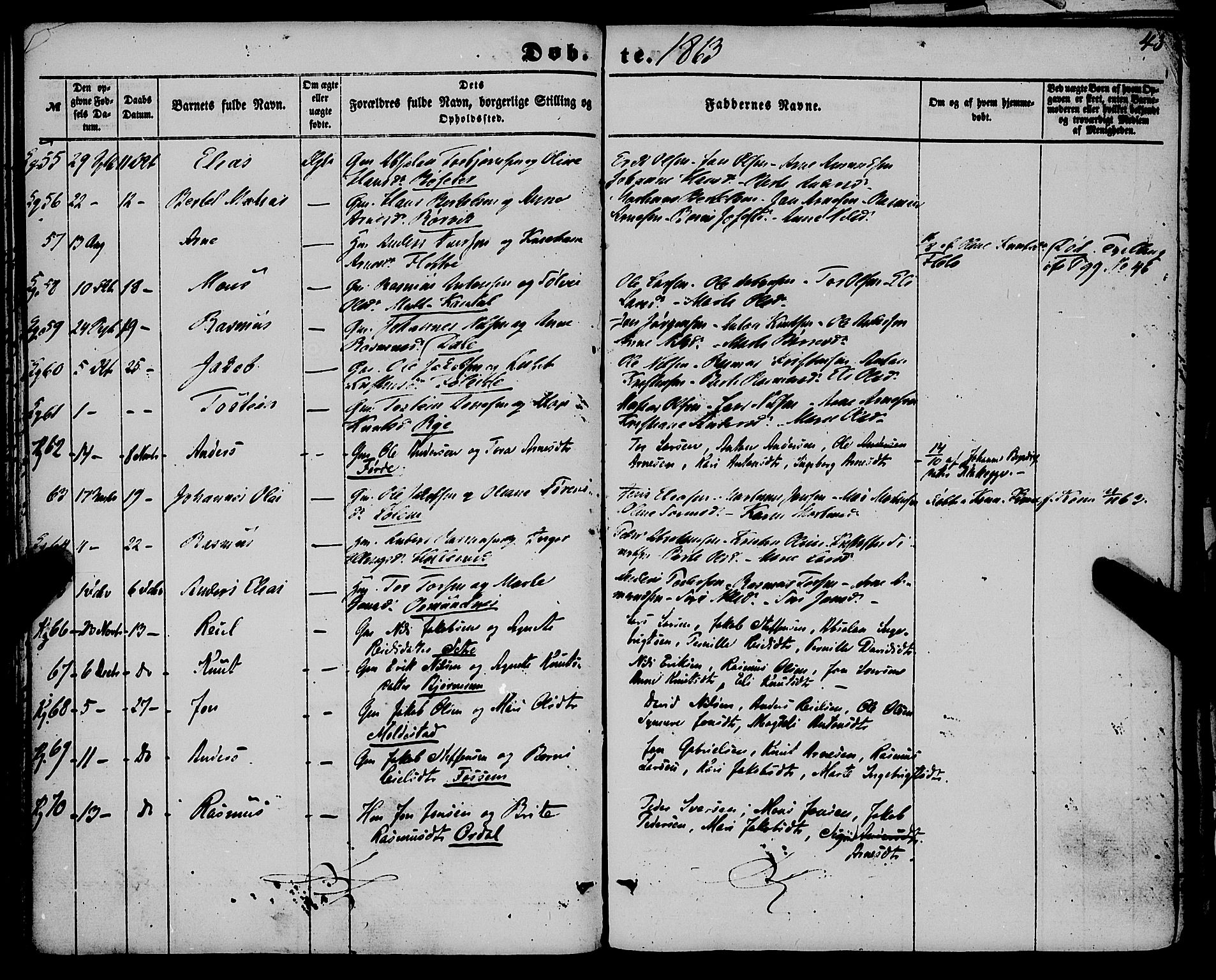 Gloppen sokneprestembete, AV/SAB-A-80101/H/Haa/Haaa/L0009: Parish register (official) no. A 9, 1855-1870, p. 43