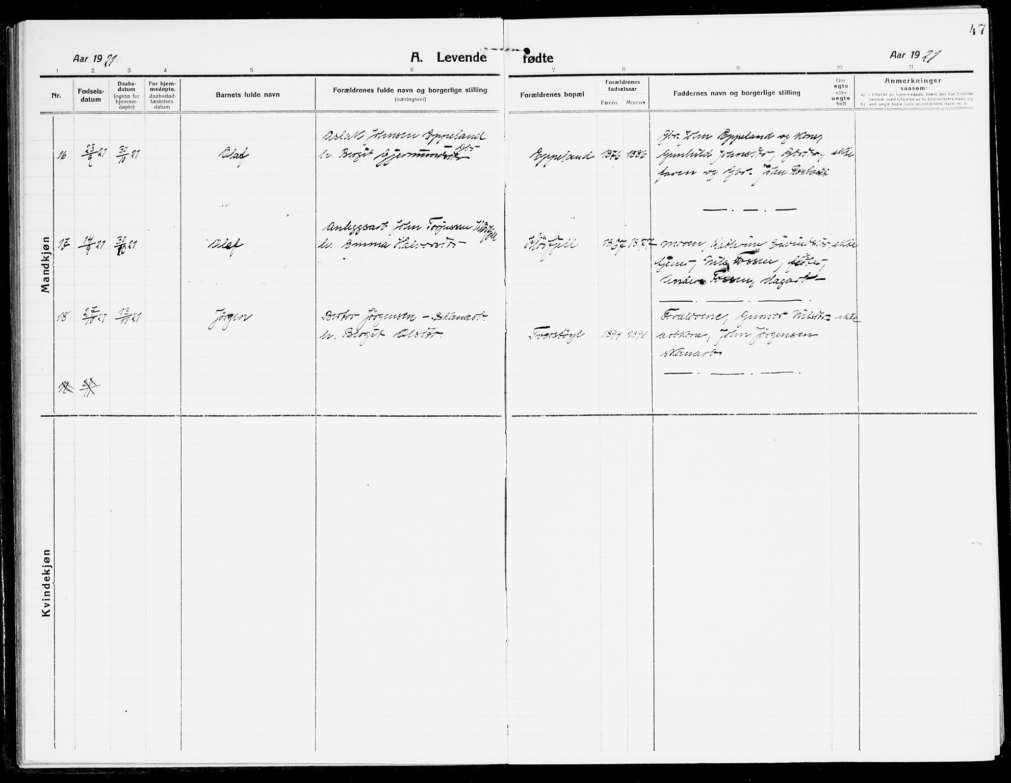 Åmli sokneprestkontor, AV/SAK-1111-0050/F/Fa/Fac/L0013: Parish register (official) no. A 13, 1914-1933, p. 47