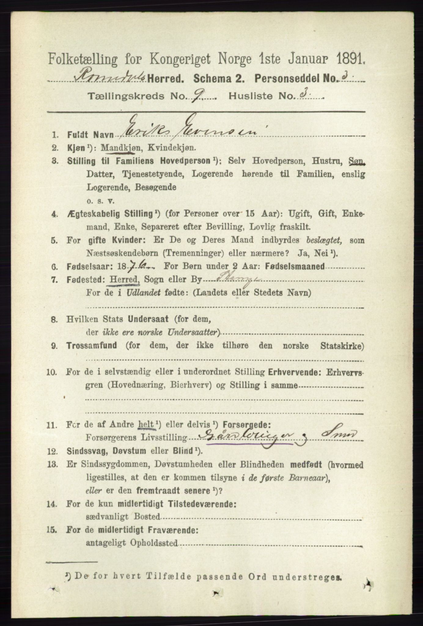 RA, 1891 census for 0416 Romedal, 1891, p. 4327