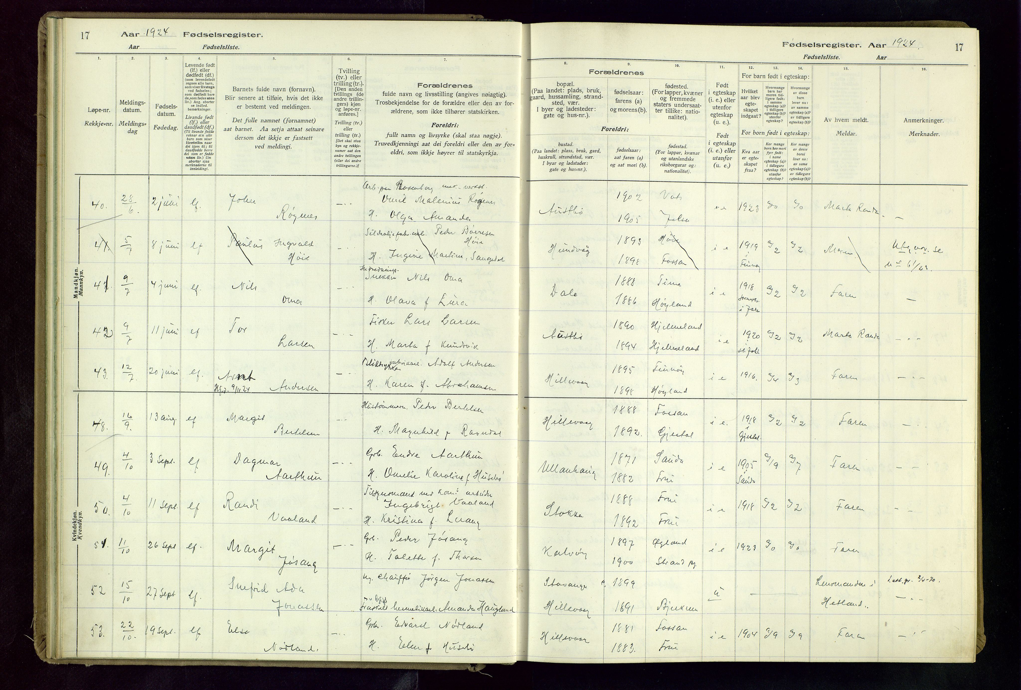 Hetland sokneprestkontor, AV/SAST-A-101826/70/704BA/L0004: Birth register no. 4, 1923-1937, p. 17