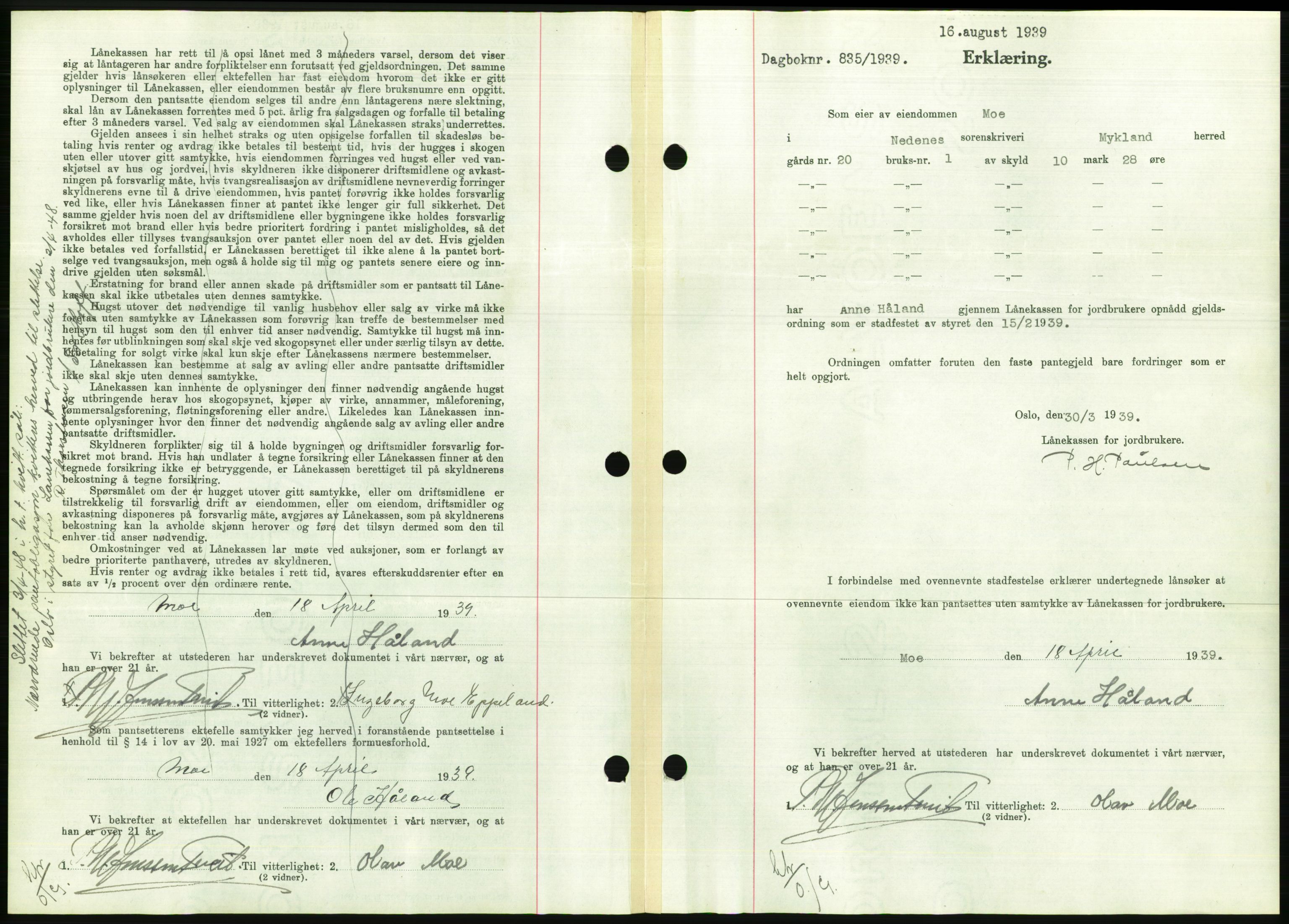 Nedenes sorenskriveri, AV/SAK-1221-0006/G/Gb/Gbb/L0001: Mortgage book no. I, 1939-1942, Diary no: : 834/1939