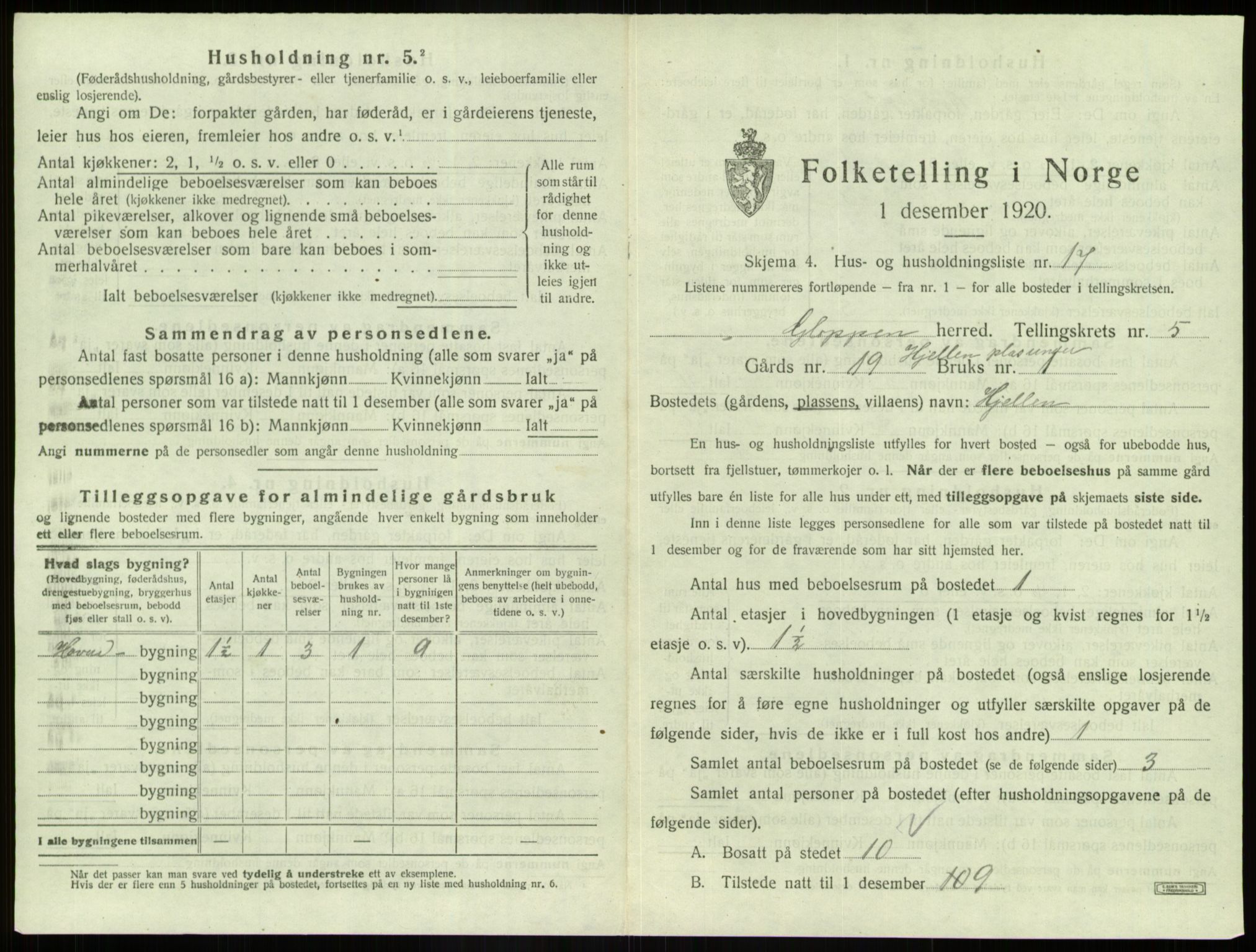 SAB, 1920 census for Gloppen, 1920, p. 425