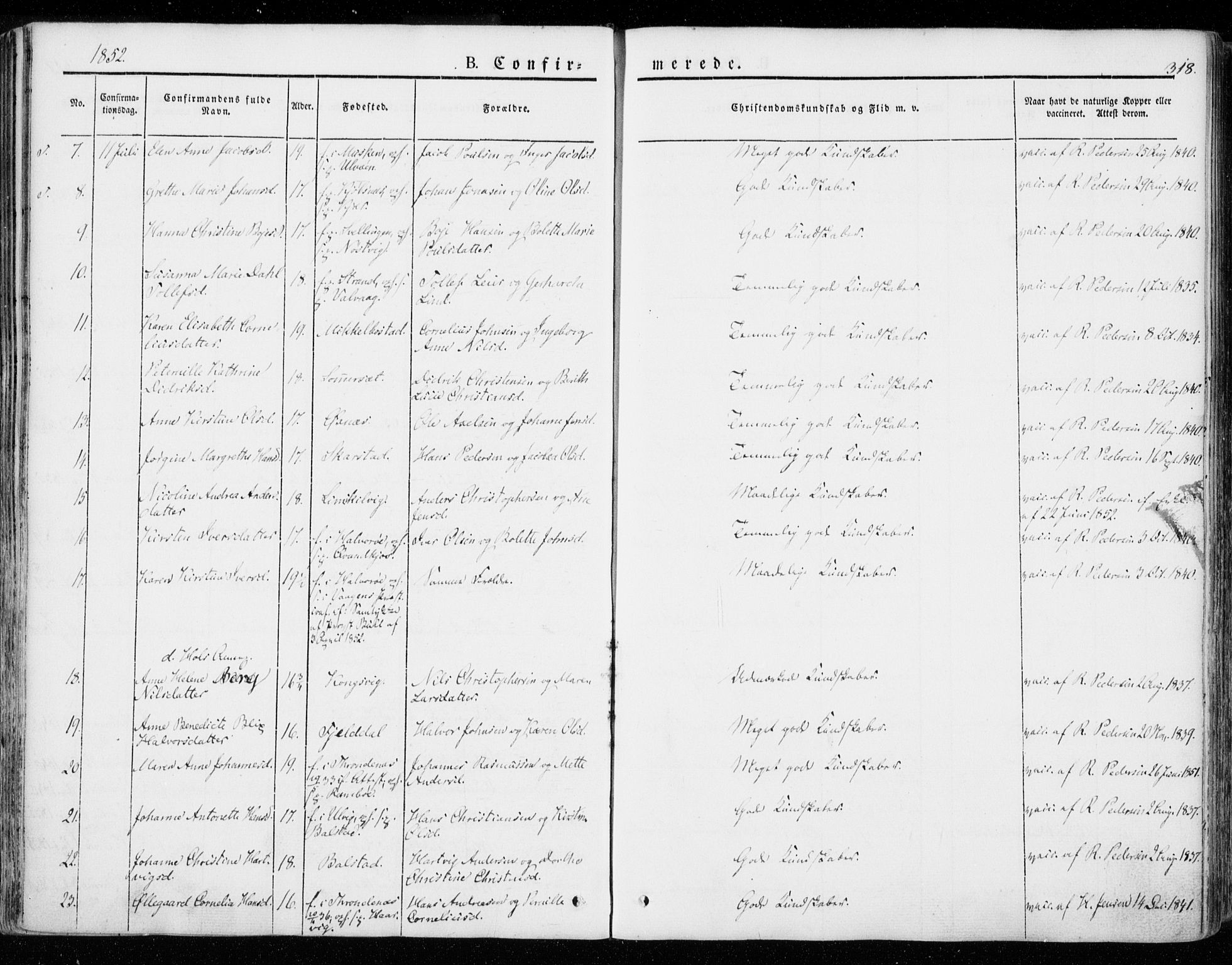 Ministerialprotokoller, klokkerbøker og fødselsregistre - Nordland, AV/SAT-A-1459/872/L1033: Parish register (official) no. 872A08, 1840-1863, p. 318