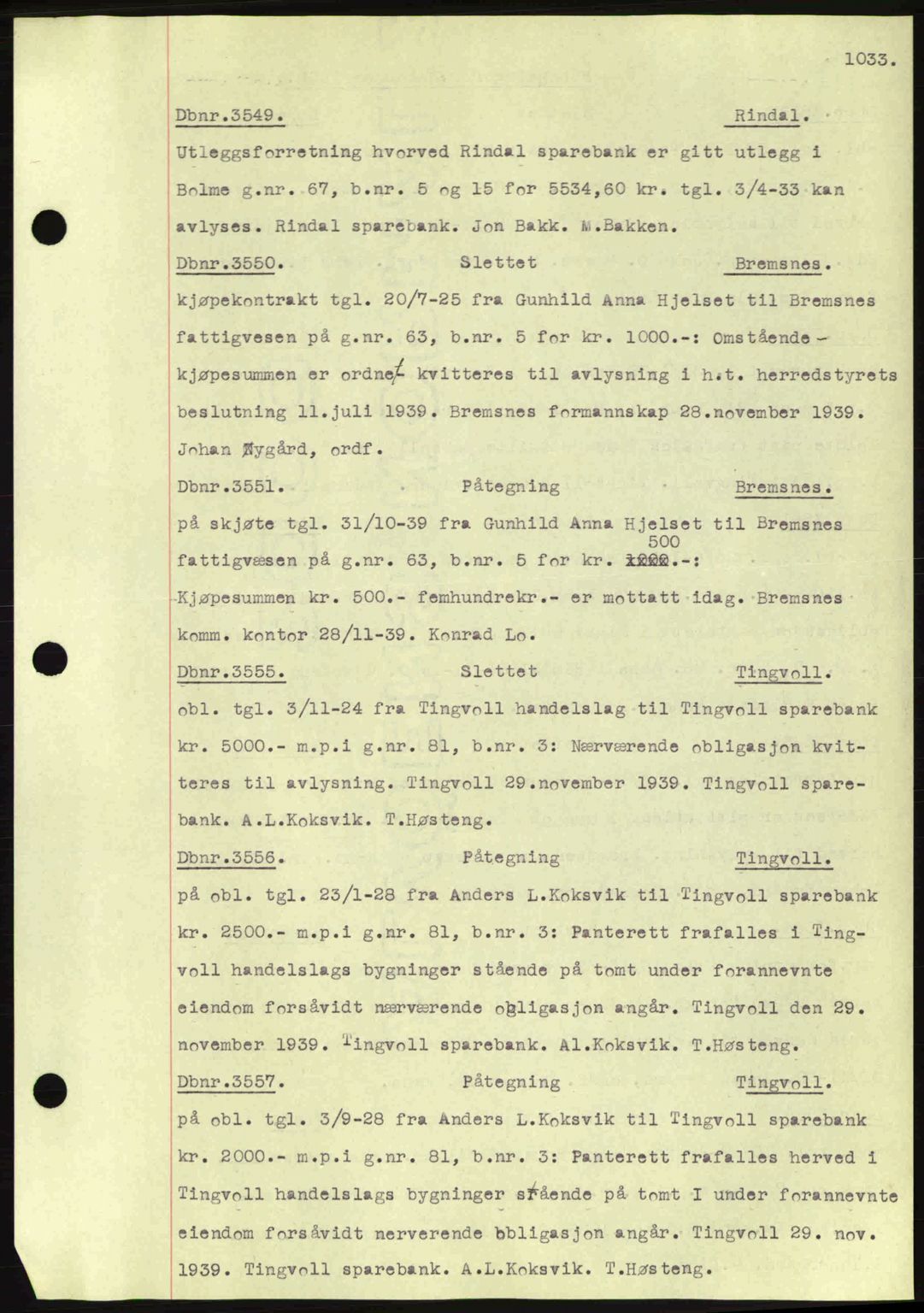 Nordmøre sorenskriveri, AV/SAT-A-4132/1/2/2Ca: Mortgage book no. C80, 1936-1939, Diary no: : 3549/1939