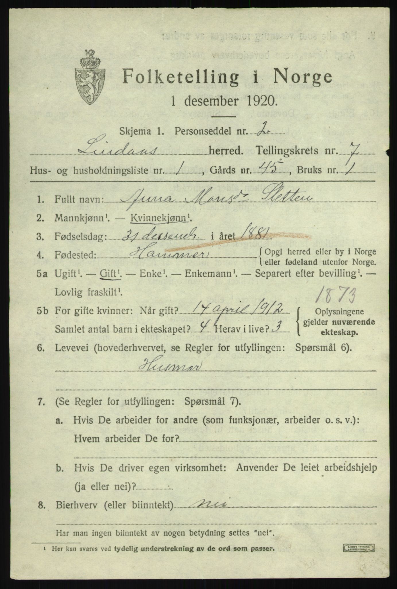 SAB, 1920 census for Lindås, 1920, p. 4033