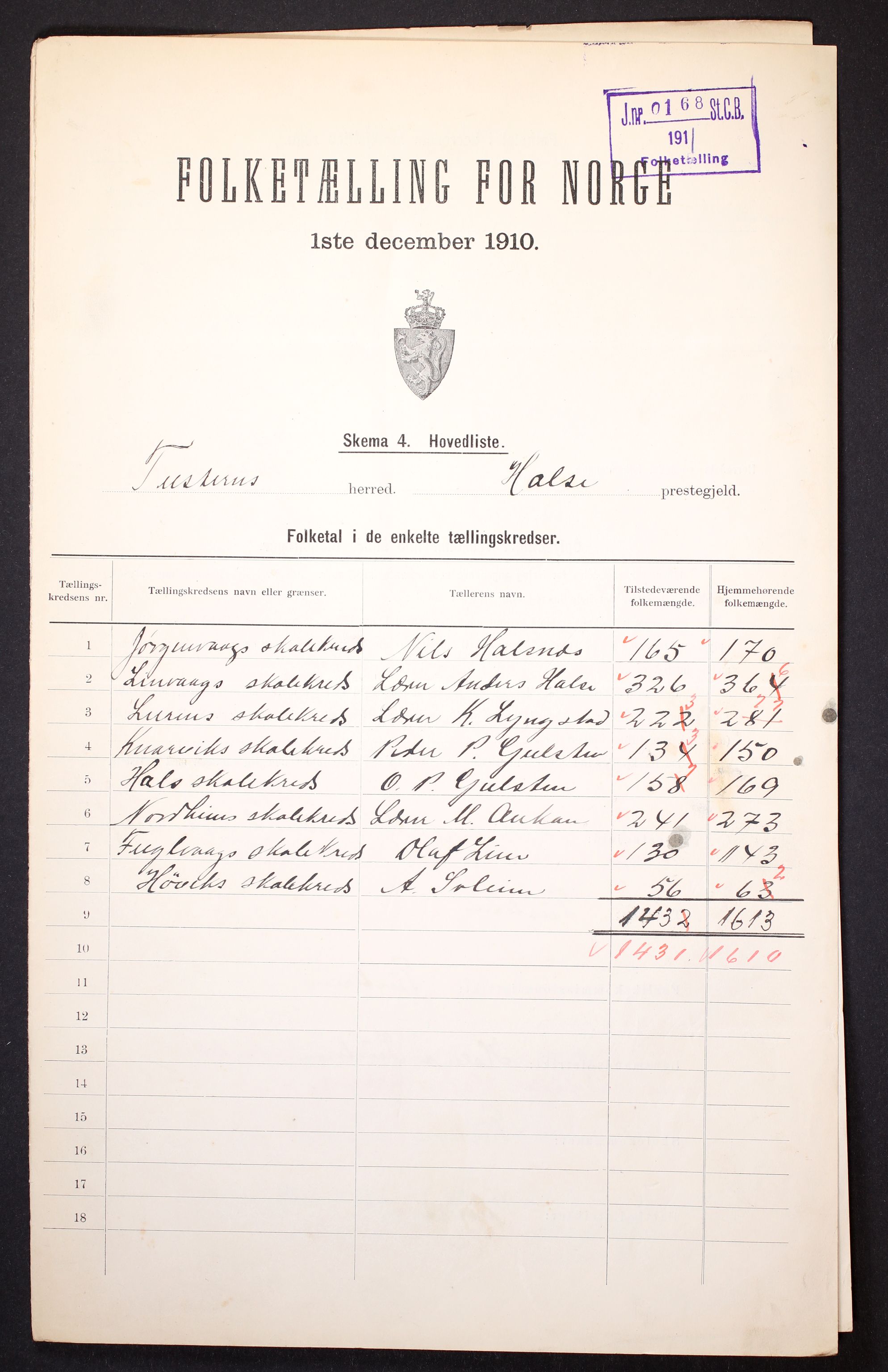 RA, 1910 census for Tustna, 1910, p. 2