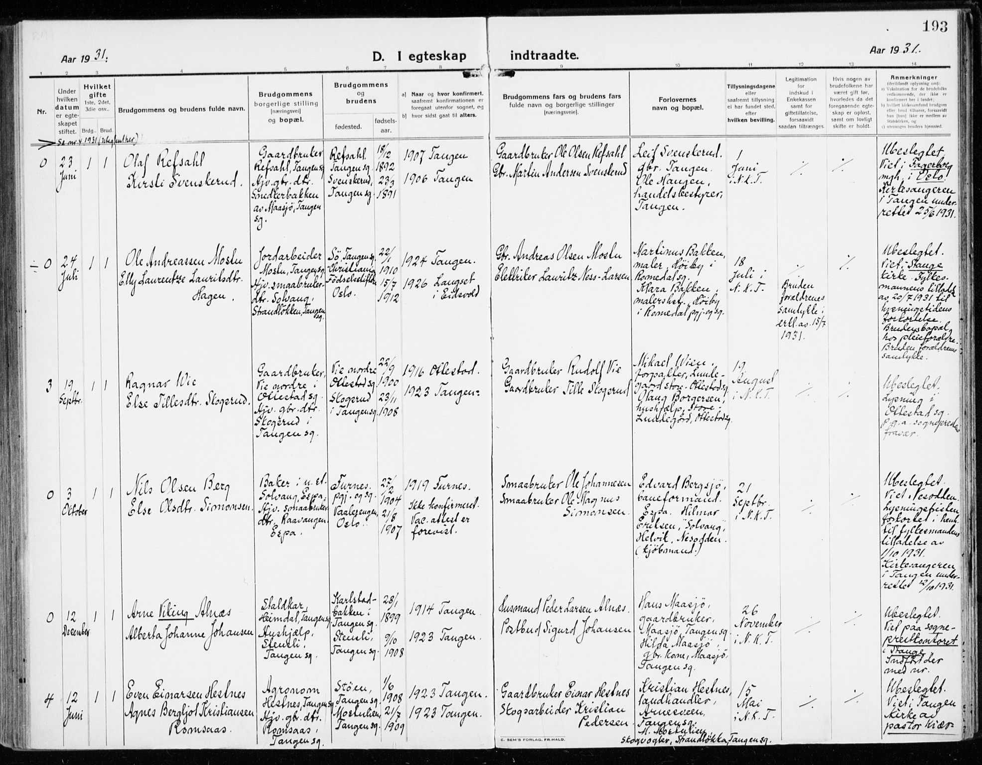 Stange prestekontor, AV/SAH-PREST-002/K/L0025: Parish register (official) no. 25, 1921-1945, p. 193