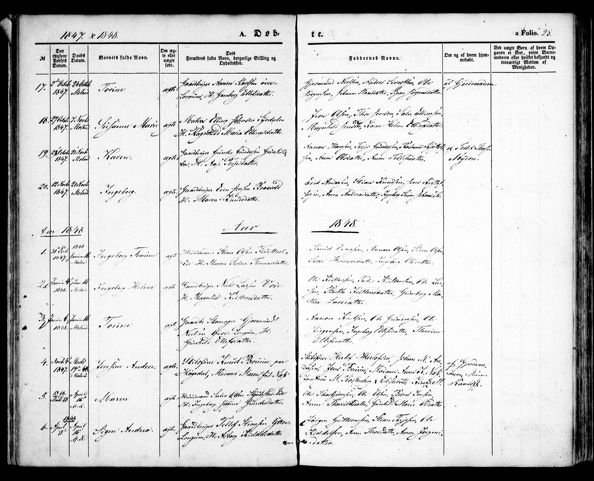 Austre Moland sokneprestkontor, AV/SAK-1111-0001/F/Fa/Faa/L0007: Parish register (official) no. A 7, 1847-1857, p. 25