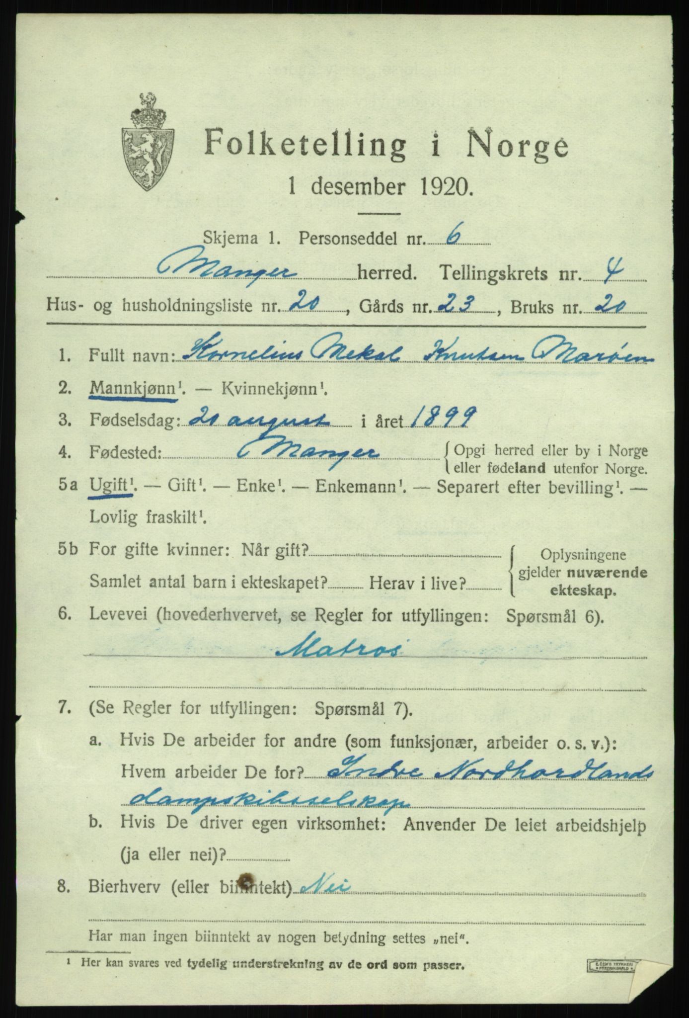 SAB, 1920 census for Manger, 1920, p. 3253