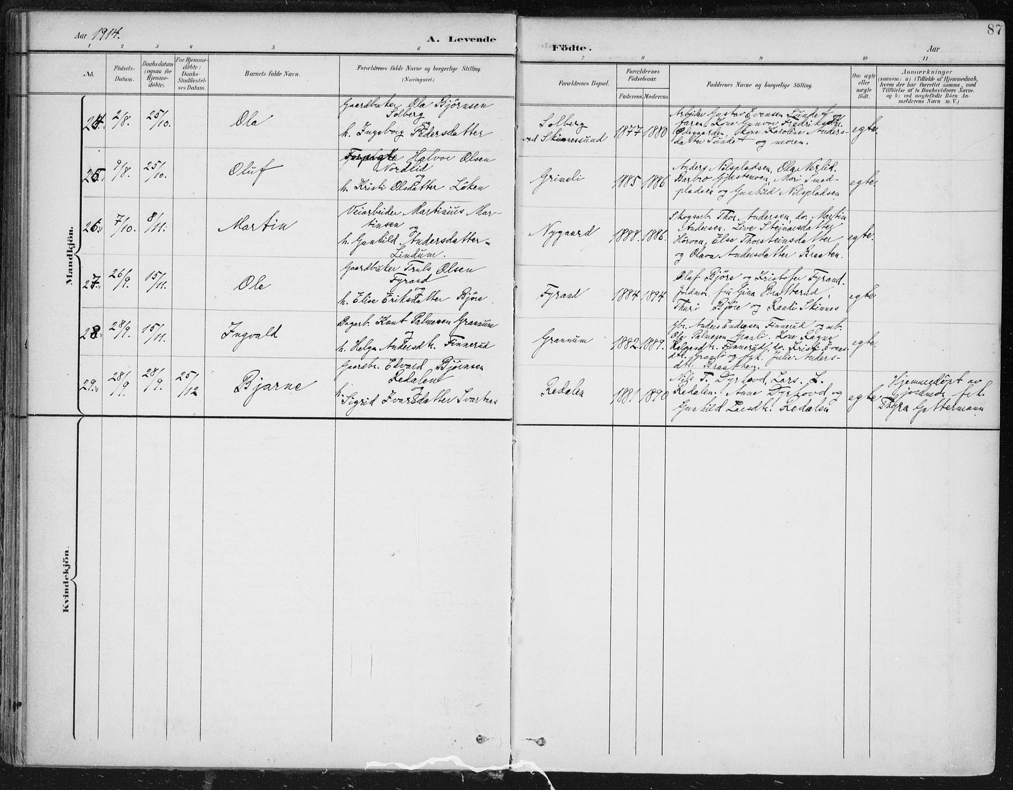 Krødsherad kirkebøker, AV/SAKO-A-19/F/Fa/L0007: Parish register (official) no. 7, 1900-1915, p. 87