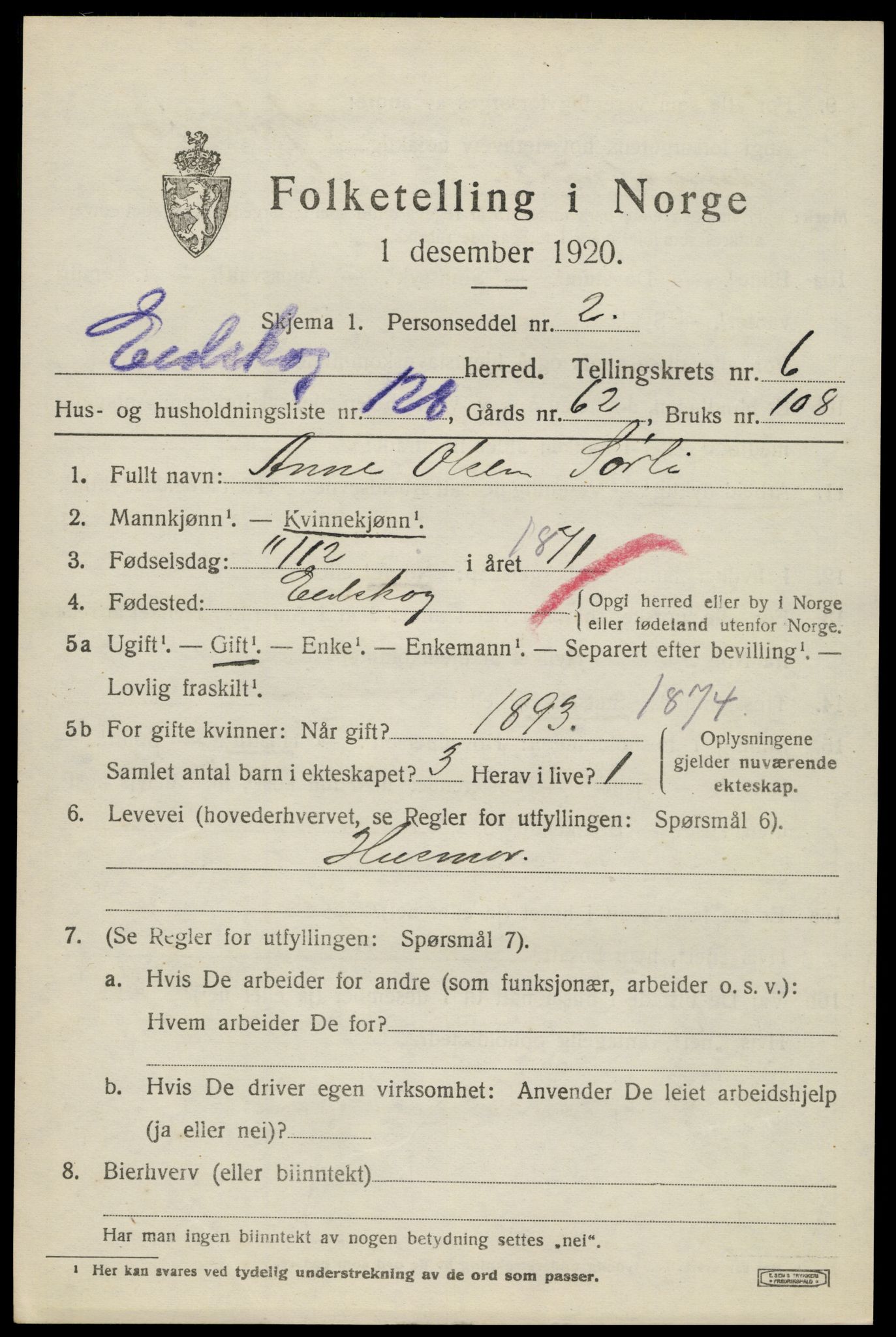 SAH, 1920 census for Eidskog, 1920, p. 7807
