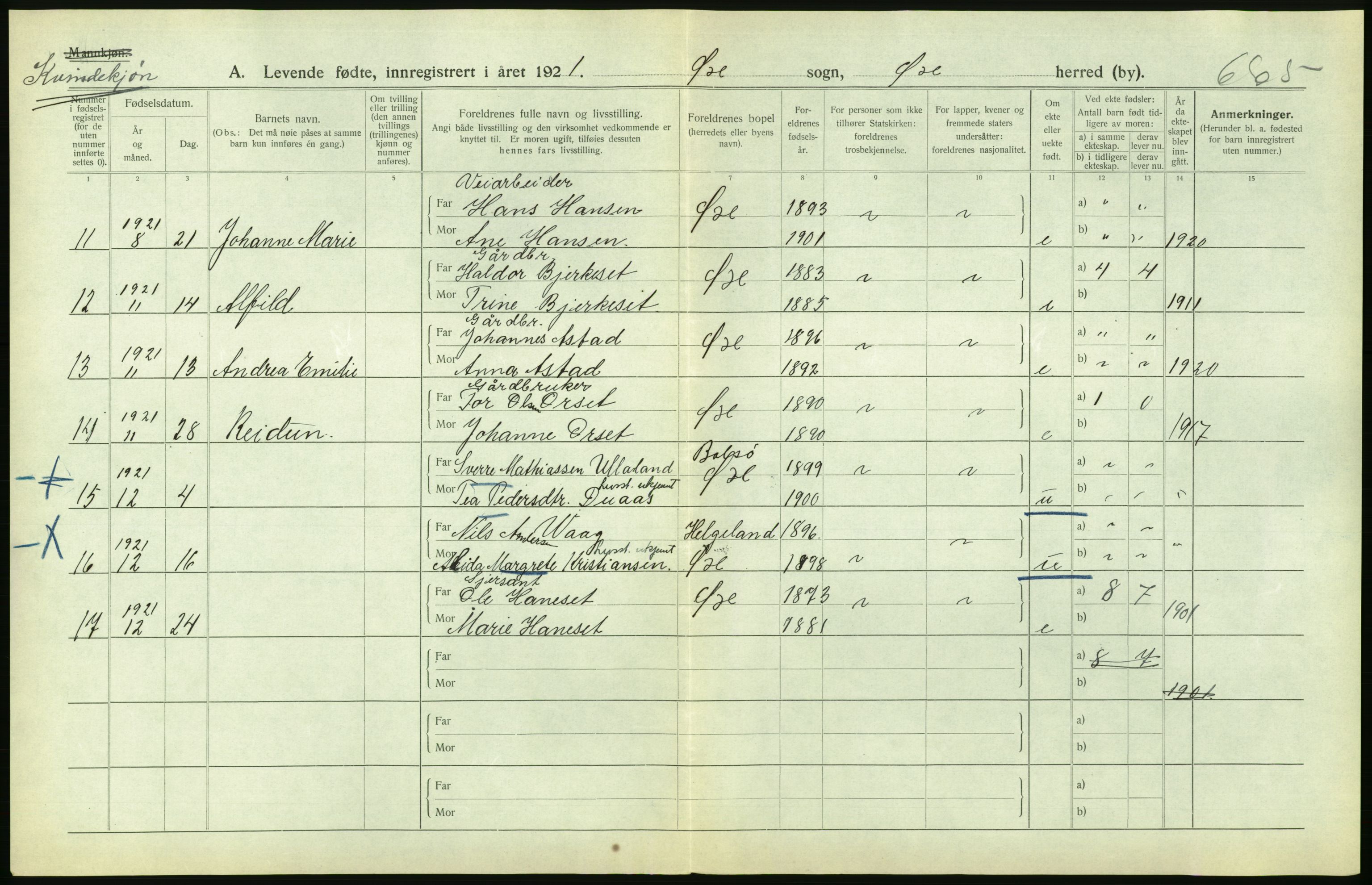 Statistisk sentralbyrå, Sosiodemografiske emner, Befolkning, RA/S-2228/D/Df/Dfc/Dfca/L0040: Møre fylke: Levendefødte menn og kvinner. Bygder., 1921, p. 680