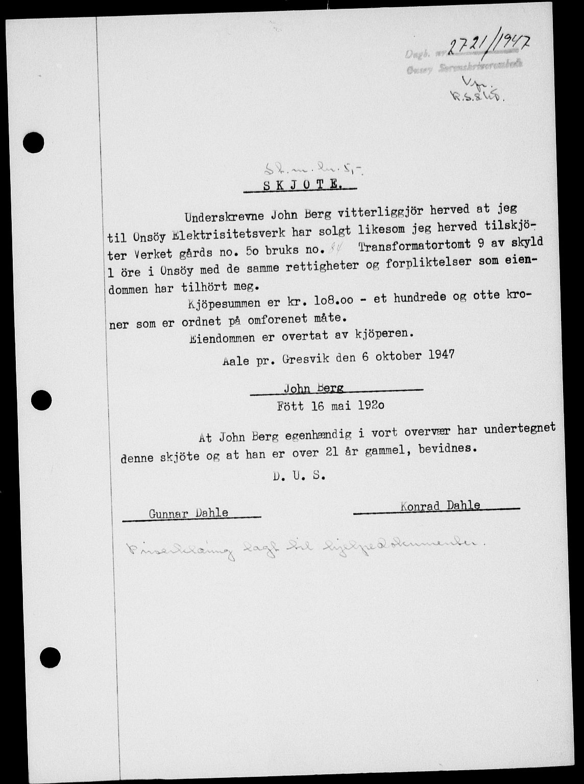 Onsøy sorenskriveri, SAO/A-10474/G/Ga/Gab/L0021: Mortgage book no. II A-21, 1947-1947, Diary no: : 2721/1947