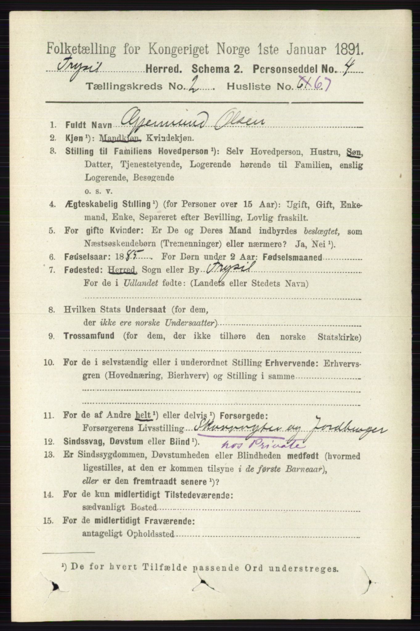 RA, 1891 census for 0428 Trysil, 1891, p. 1267