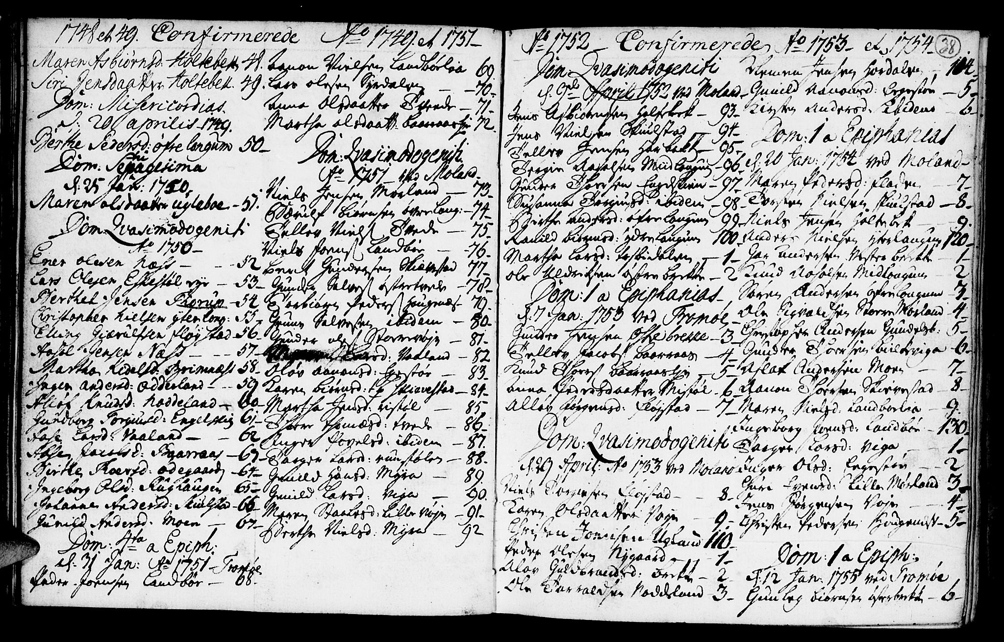 Austre Moland sokneprestkontor, SAK/1111-0001/F/Fa/Faa/L0001: Parish register (official) no. A 1, 1747-1764, p. 38