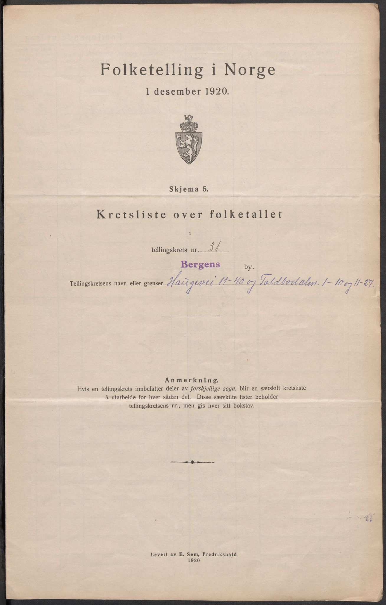 SAB, 1920 census for Bergen, 1920, p. 105