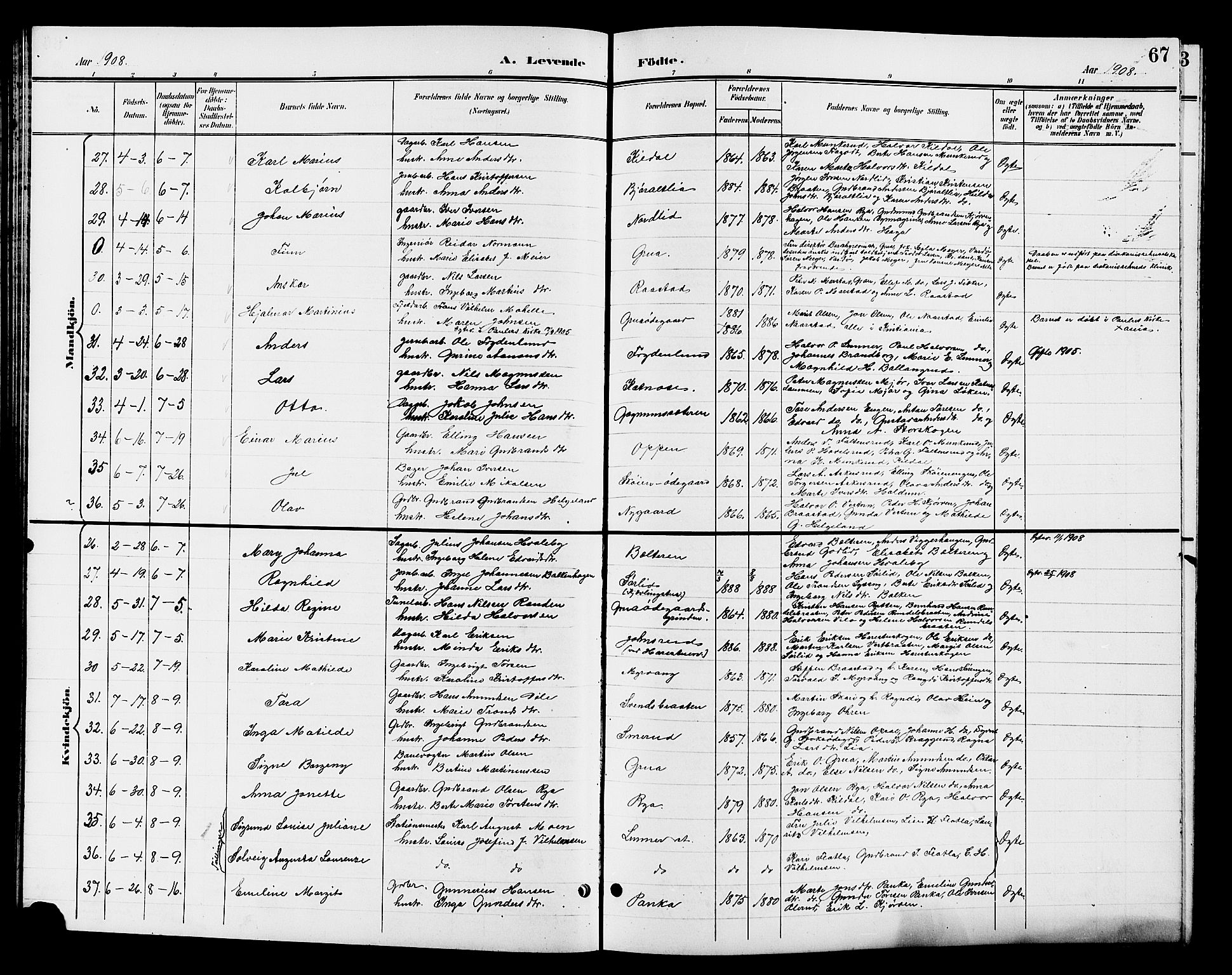 Jevnaker prestekontor, SAH/PREST-116/H/Ha/Hab/L0003: Parish register (copy) no. 3, 1896-1909, p. 67