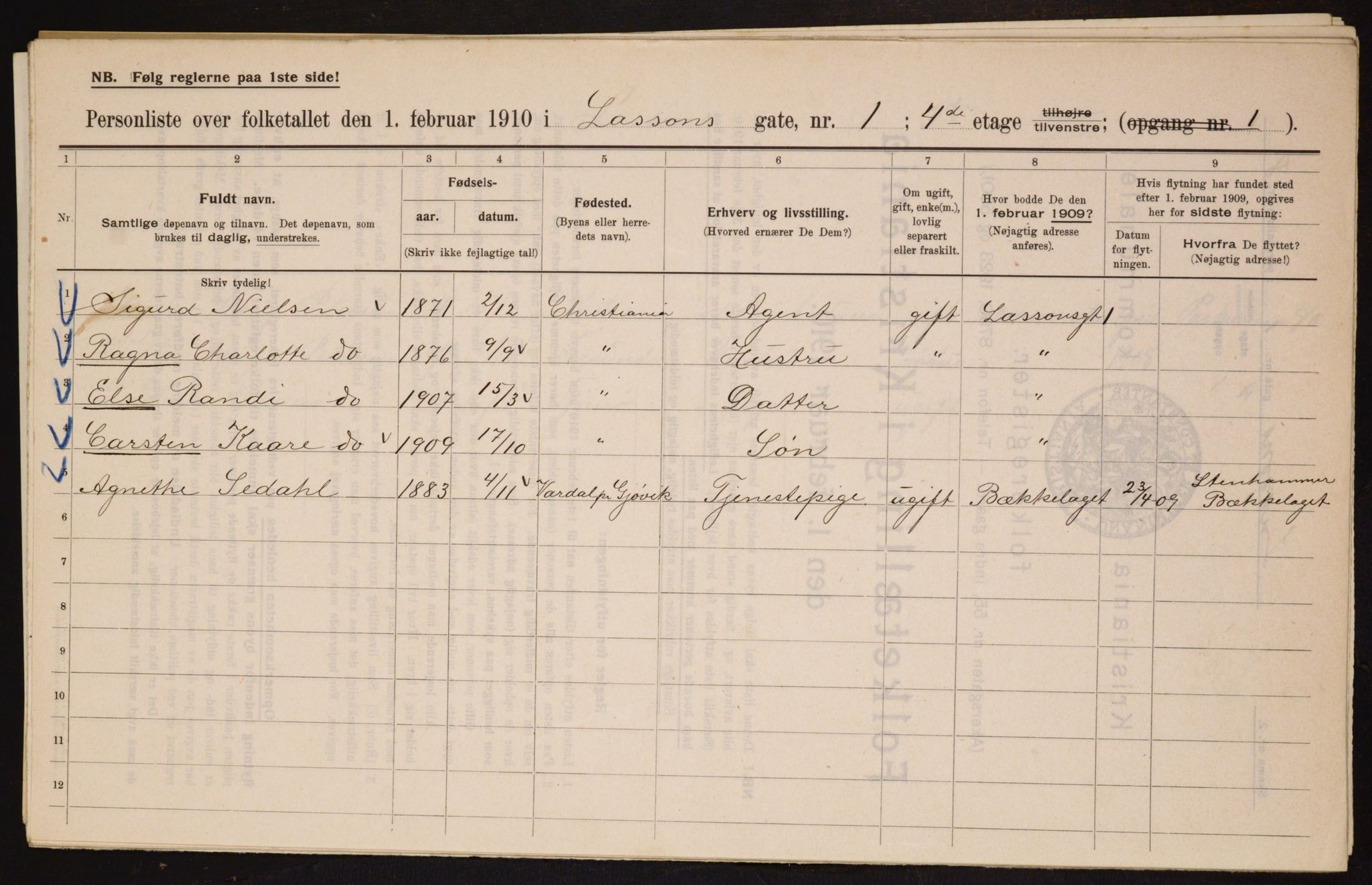 OBA, Municipal Census 1910 for Kristiania, 1910, p. 55255