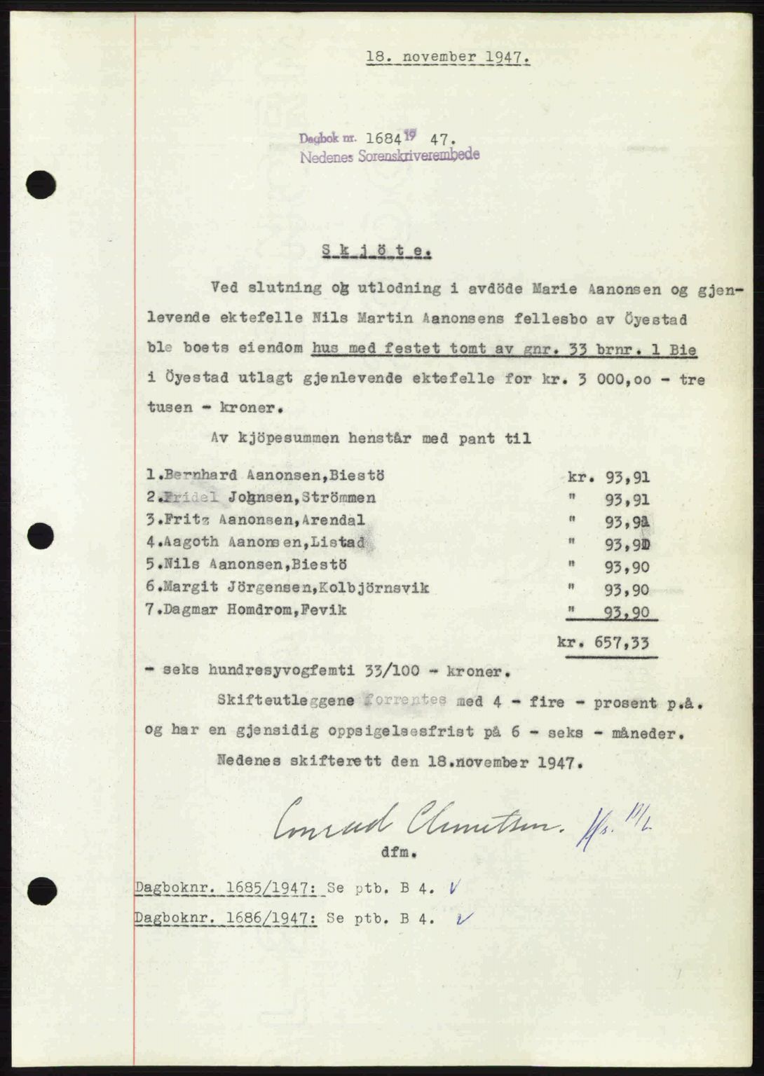 Nedenes sorenskriveri, SAK/1221-0006/G/Gb/Gba/L0058: Mortgage book no. A10, 1947-1948, Diary no: : 1684/1947