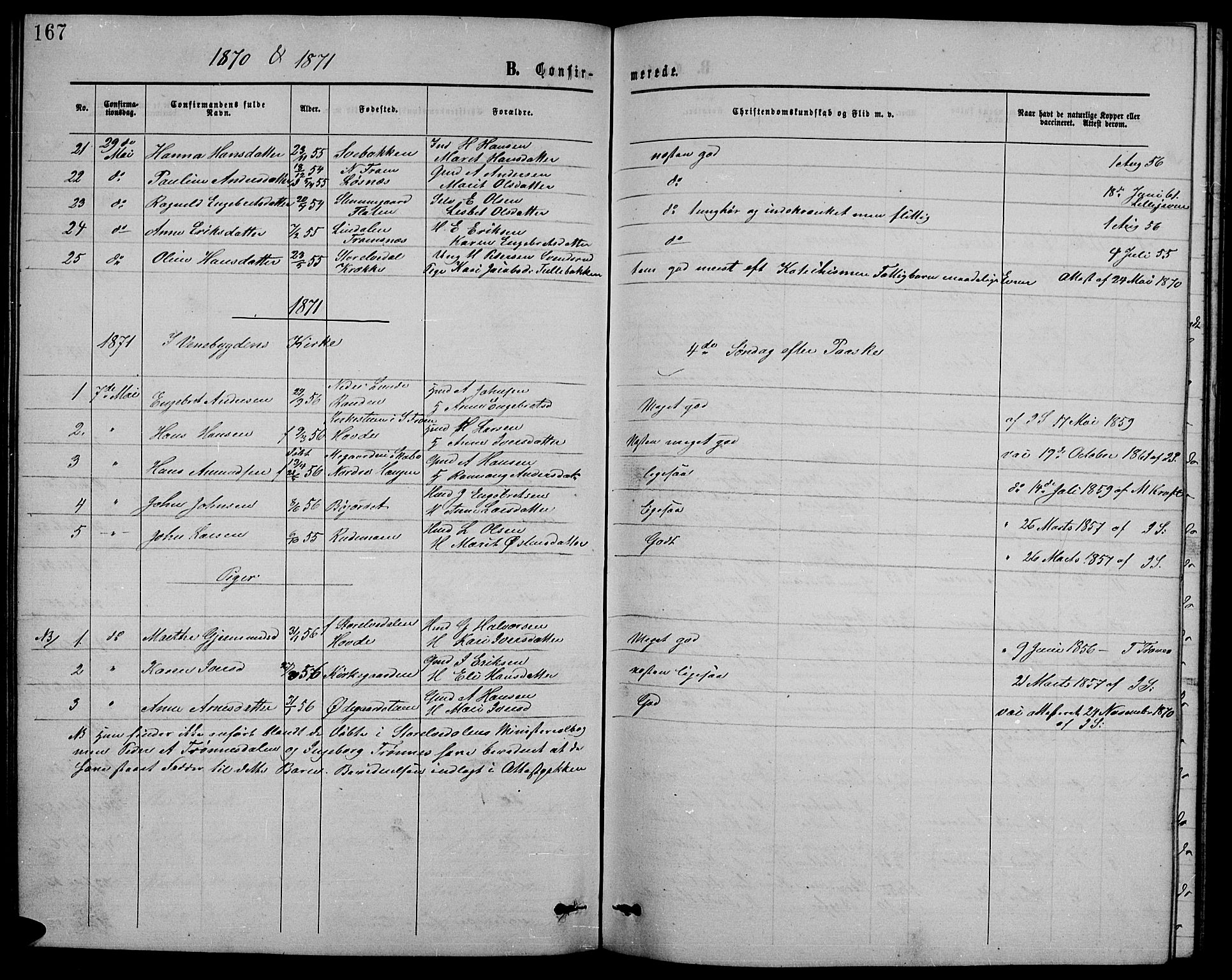 Ringebu prestekontor, SAH/PREST-082/H/Ha/Hab/L0004: Parish register (copy) no. 4, 1867-1879, p. 167