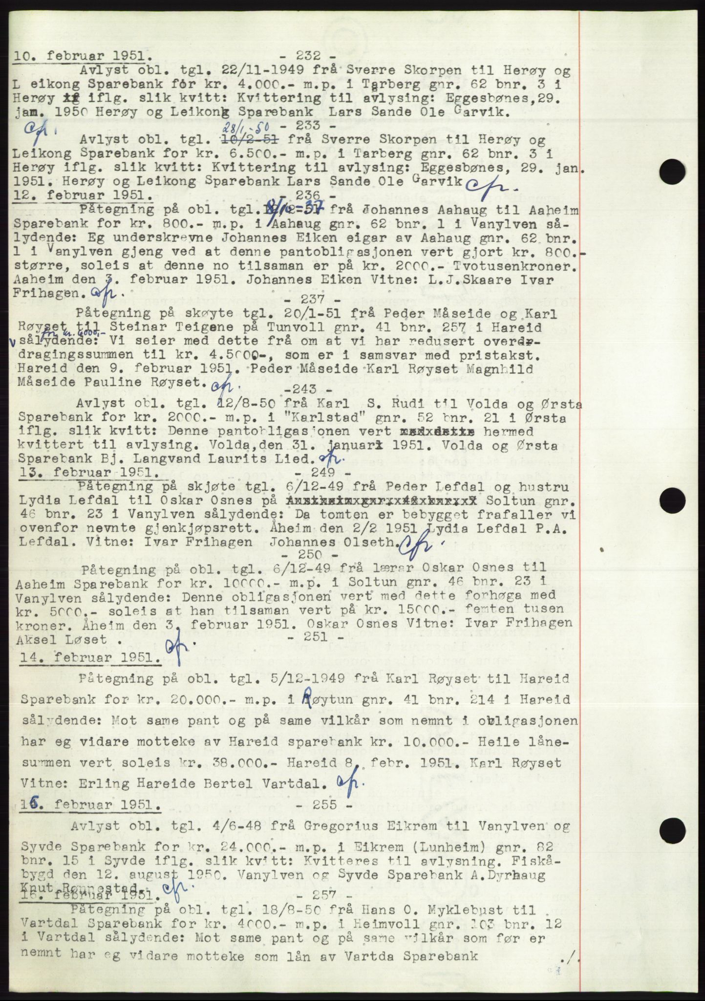 Søre Sunnmøre sorenskriveri, AV/SAT-A-4122/1/2/2C/L0072: Mortgage book no. 66, 1941-1955, Diary no: : 232/1951