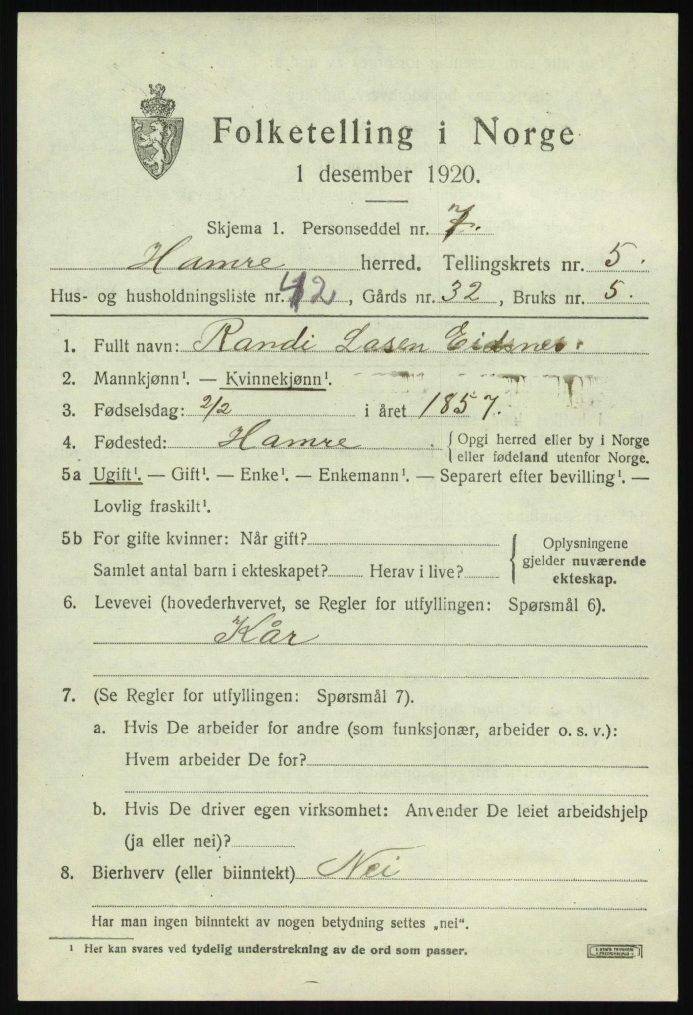 SAB, 1920 census for Hamre, 1920, p. 3425
