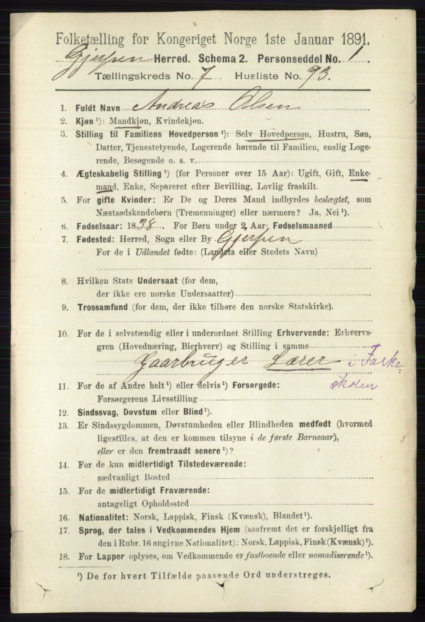 RA, 1891 census for 0812 Gjerpen, 1891, p. 3885