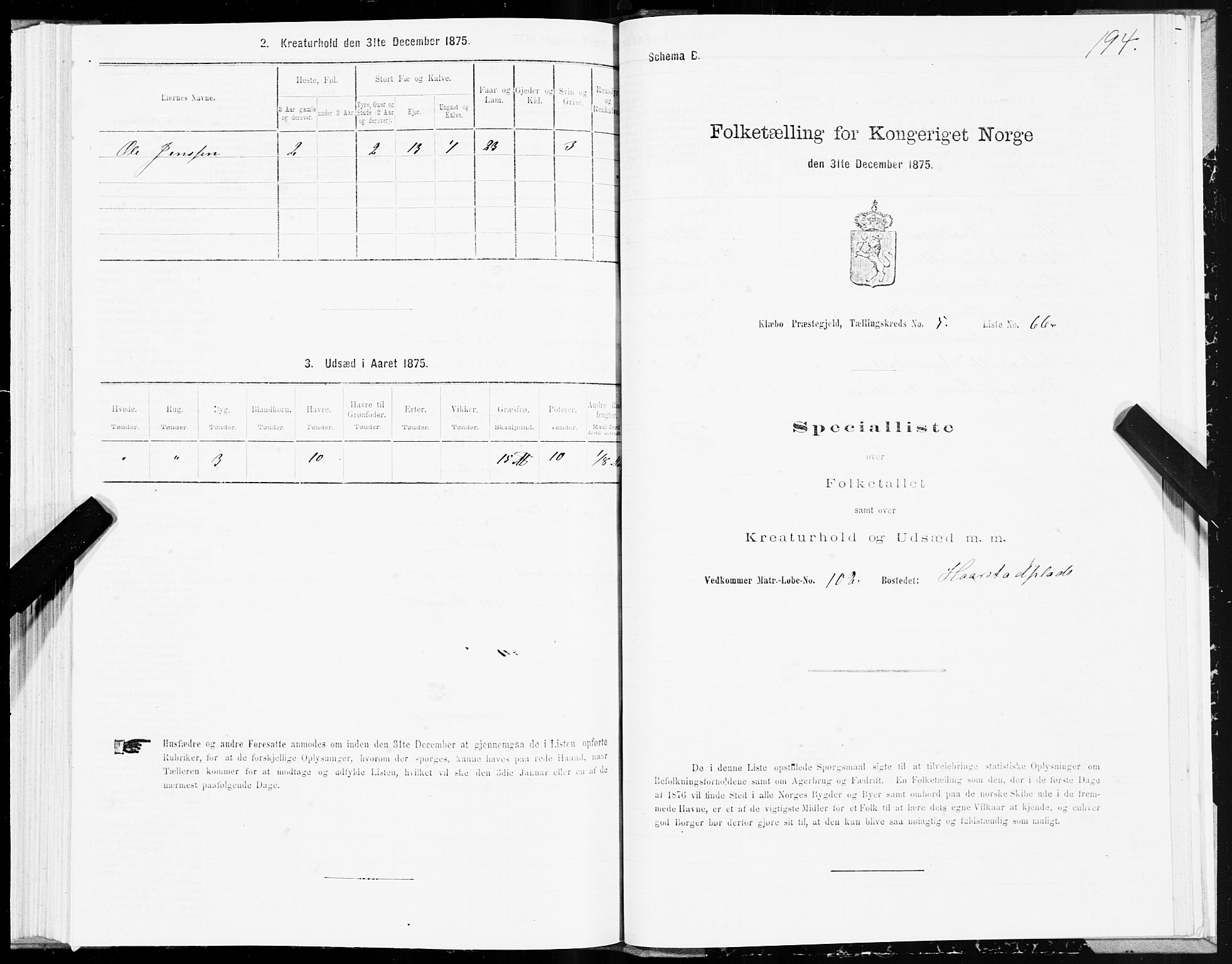 SAT, 1875 census for 1662P Klæbu, 1875, p. 2194