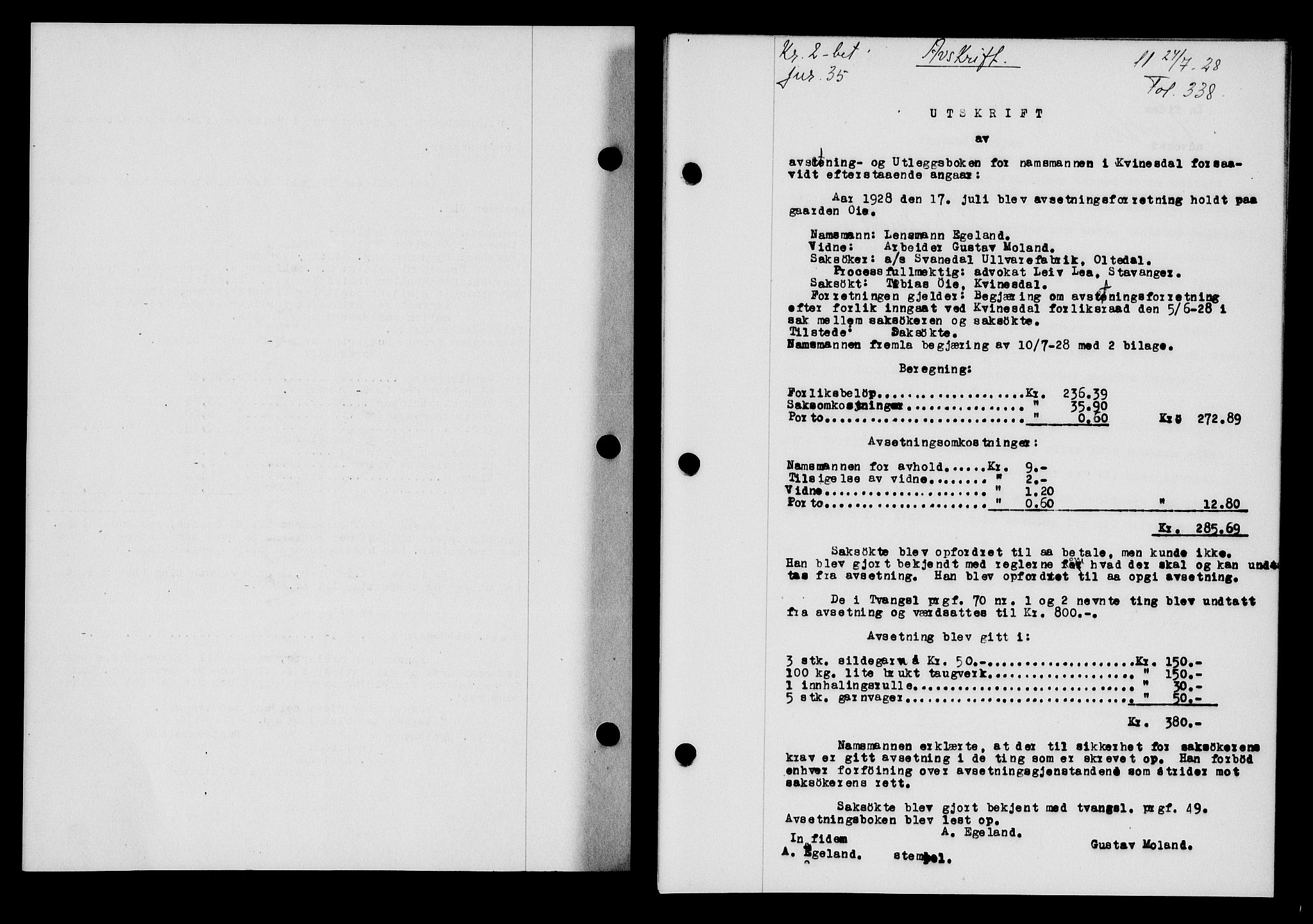 Flekkefjord sorenskriveri, AV/SAK-1221-0001/G/Gb/Gba/L0044: Mortgage book no. 42, 1928-1929, Deed date: 07.08.1928