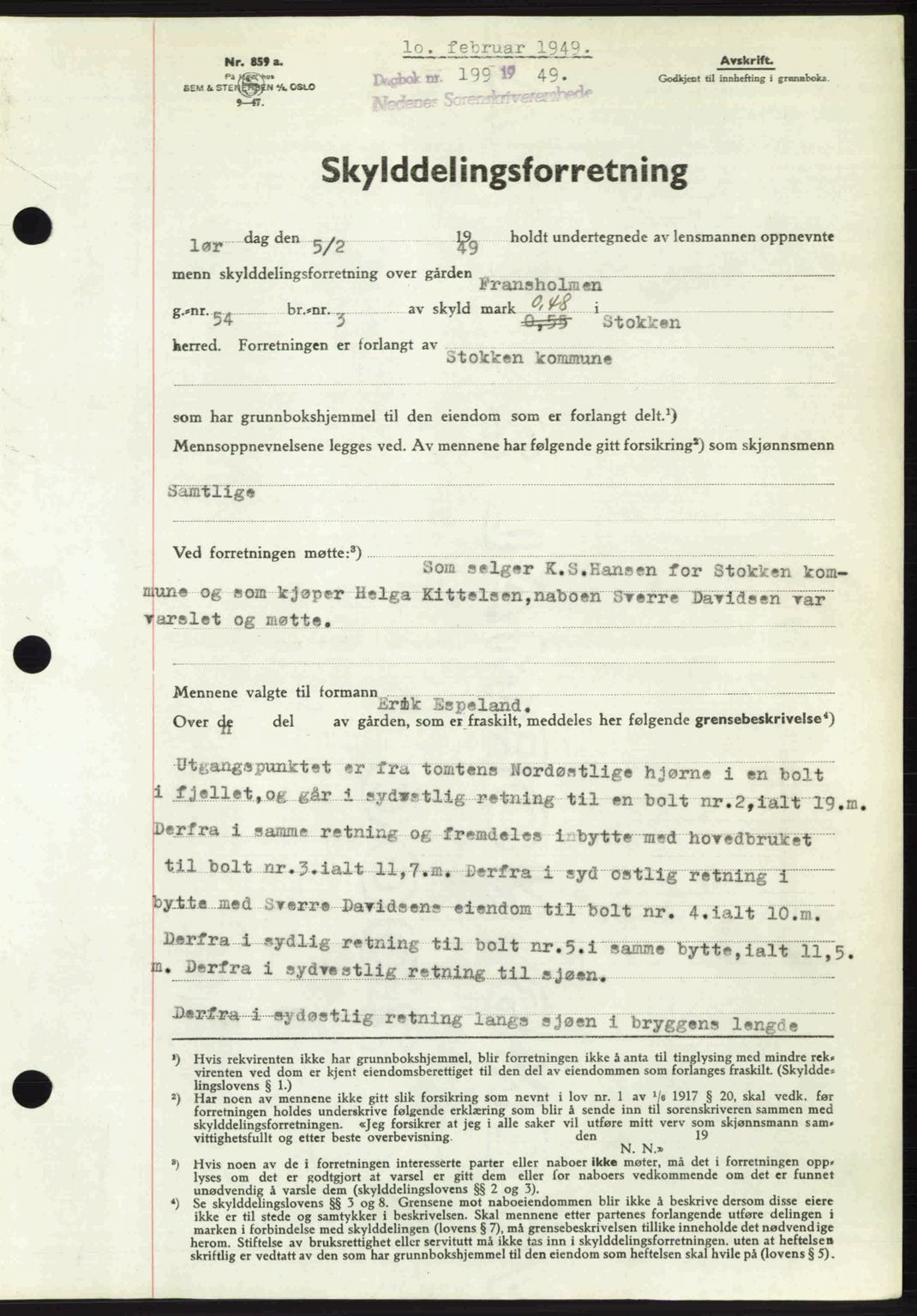 Nedenes sorenskriveri, SAK/1221-0006/G/Gb/Gba/L0060: Mortgage book no. A12, 1948-1949, Diary no: : 199/1949