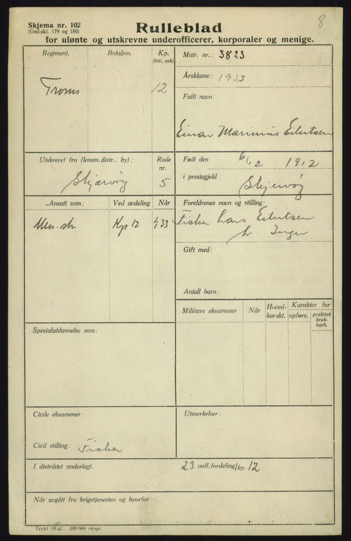 Forsvaret, Troms infanteriregiment nr. 16, AV/RA-RAFA-3146/P/Pa/L0017: Rulleblad for regimentets menige mannskaper, årsklasse 1933, 1933, p. 215