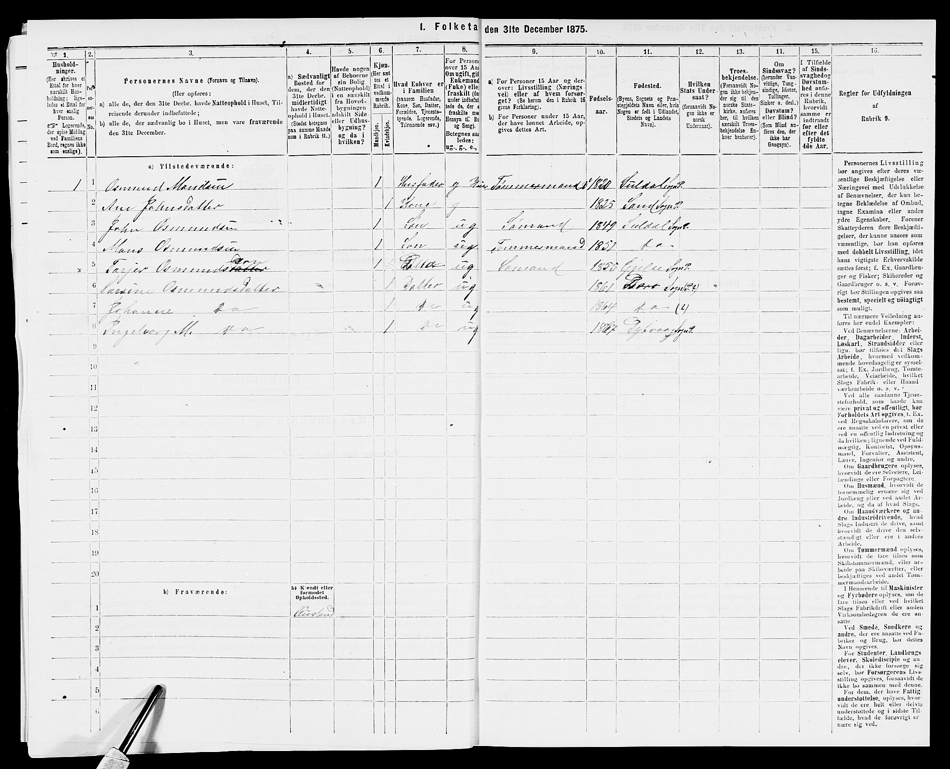 SAK, 1875 census for 0923L Fjære/Fjære, 1875, p. 526