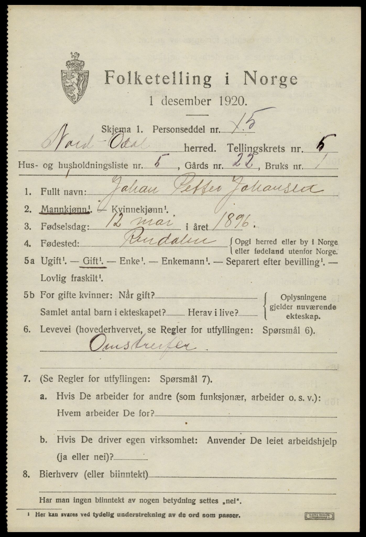 SAH, 1920 census for Nord-Odal, 1920, p. 5095