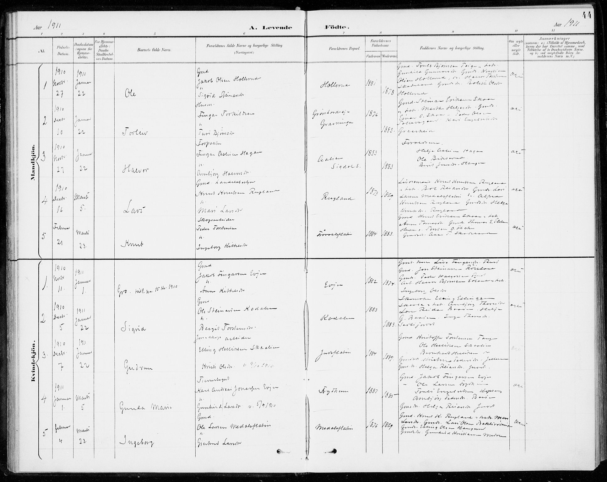 Sigdal kirkebøker, SAKO/A-245/F/Fc/L0002: Parish register (official) no. III 2, 1894-1911, p. 44