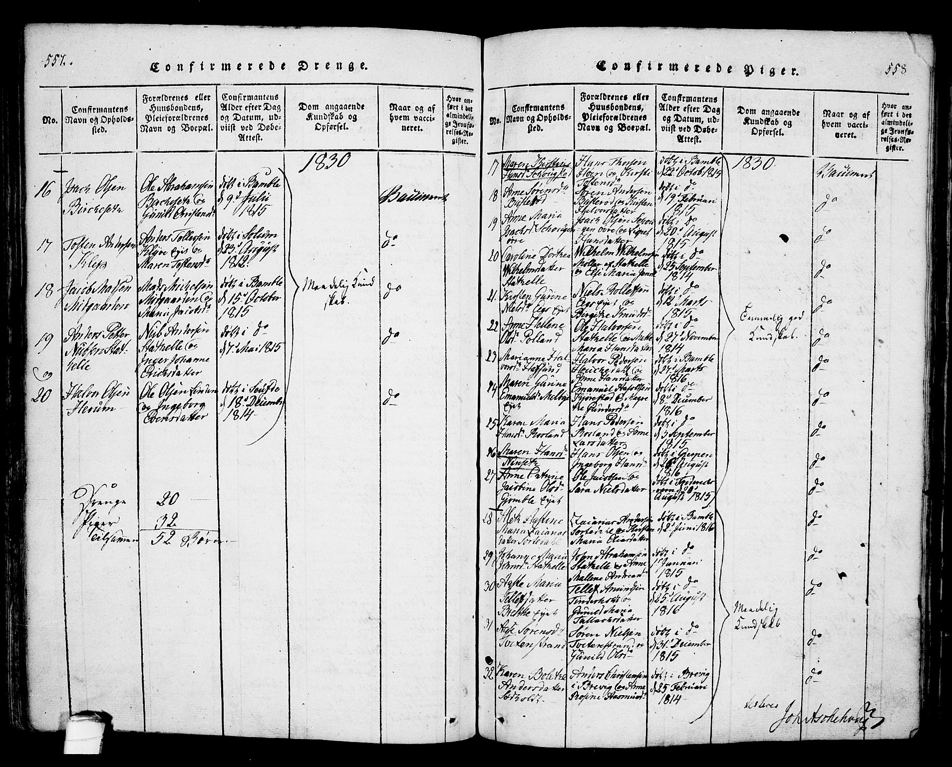 Bamble kirkebøker, AV/SAKO-A-253/F/Fa/L0003: Parish register (official) no. I 3 /1, 1814-1834, p. 557-558