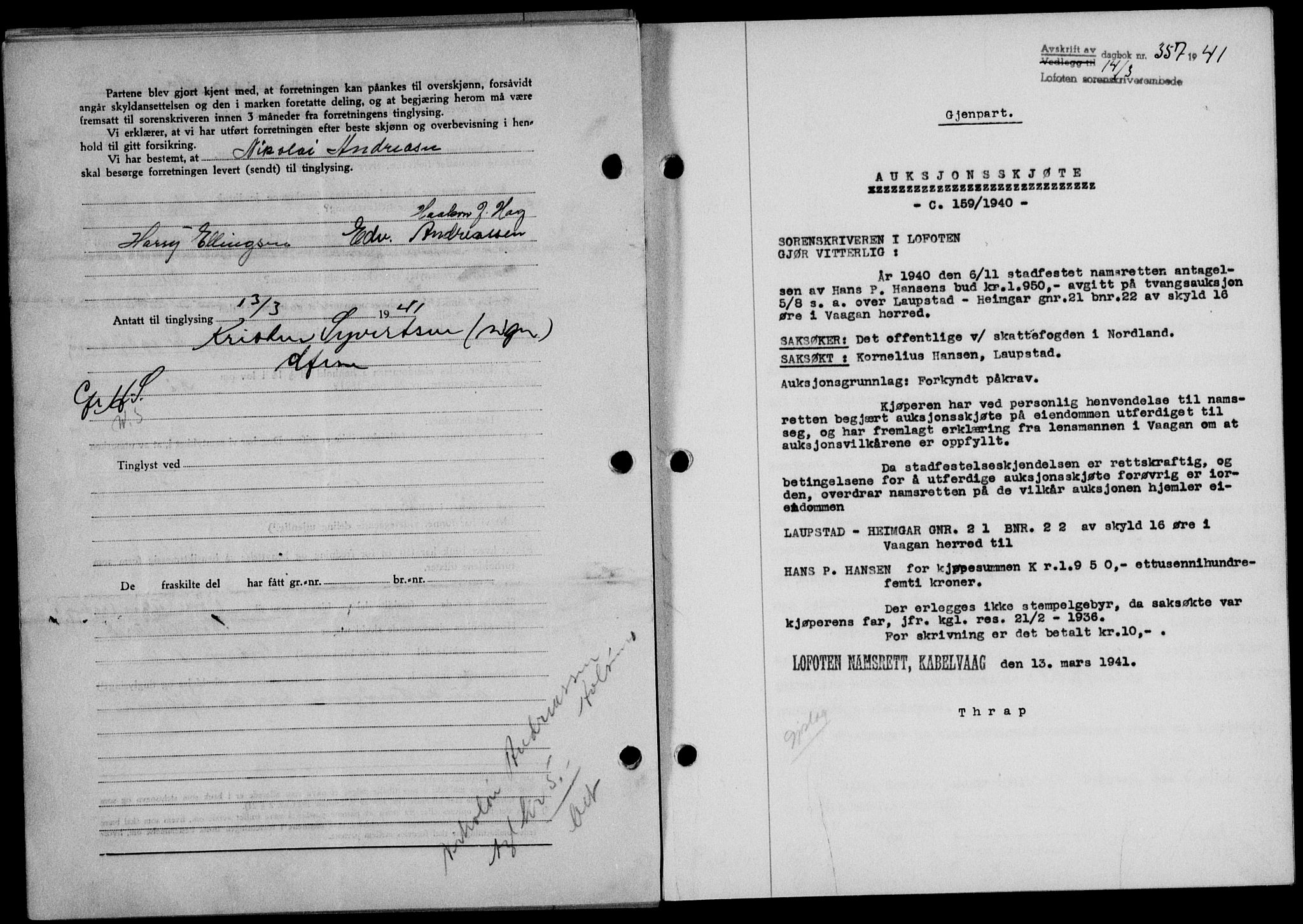 Lofoten sorenskriveri, SAT/A-0017/1/2/2C/L0008a: Mortgage book no. 8a, 1940-1941, Diary no: : 357/1941