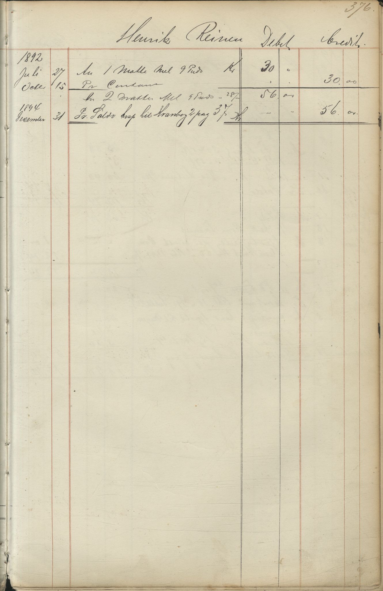 Brodtkorb handel A/S, VAMU/A-0001/F/Fc/L0001/0001: Konto for kvener og nordmenn på Kolahalvøya  / Conto for Kvæner og Nordmænd paa Russefinmarken No 1, 1868-1894, p. 376