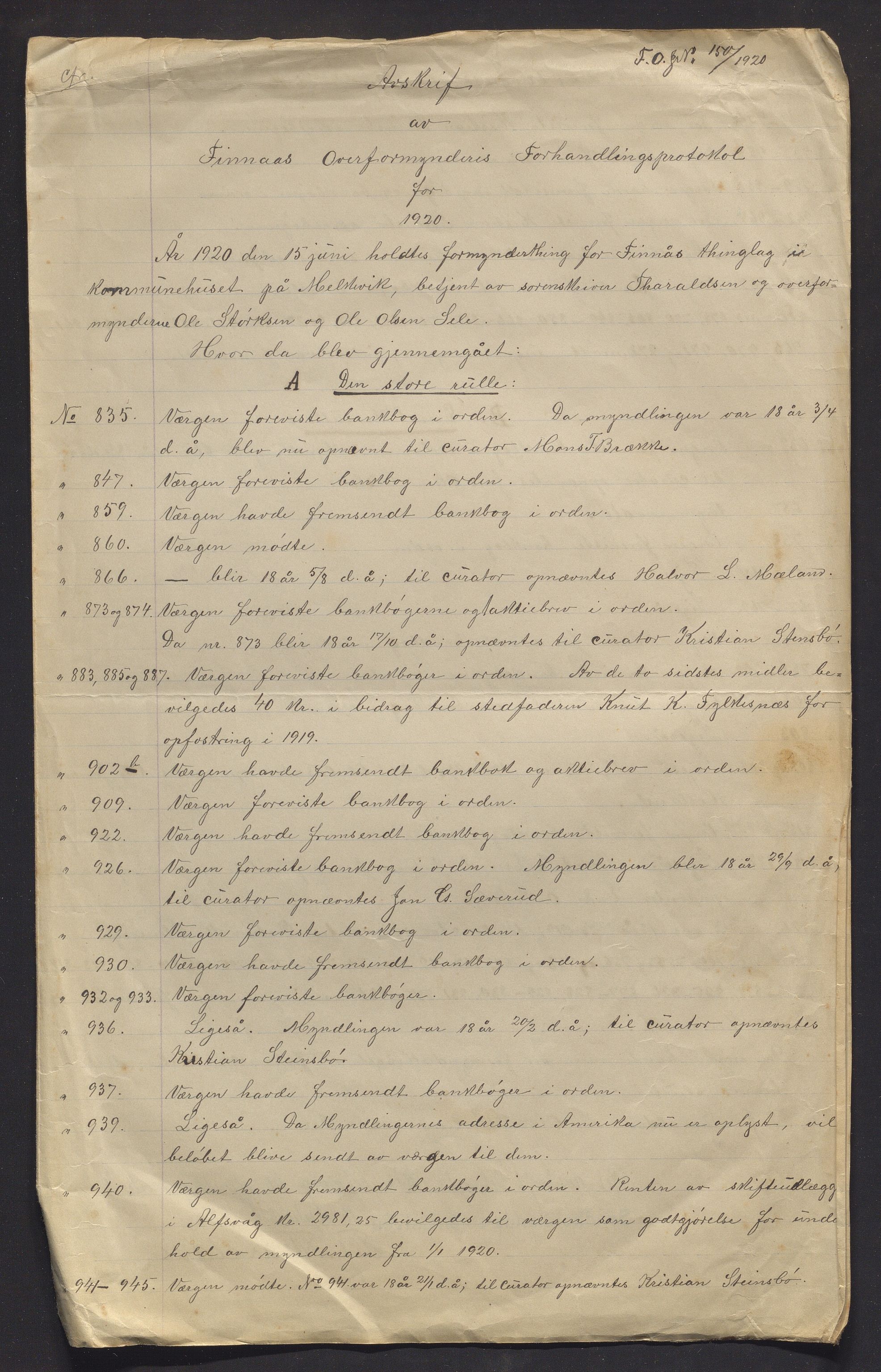 Finnaas kommune. Overformynderiet, IKAH/1218a-812/R/Ra/Raa/L0009/0005: Årlege rekneskap m/vedlegg / Årlege rekneskap m/vedlegg, 1920