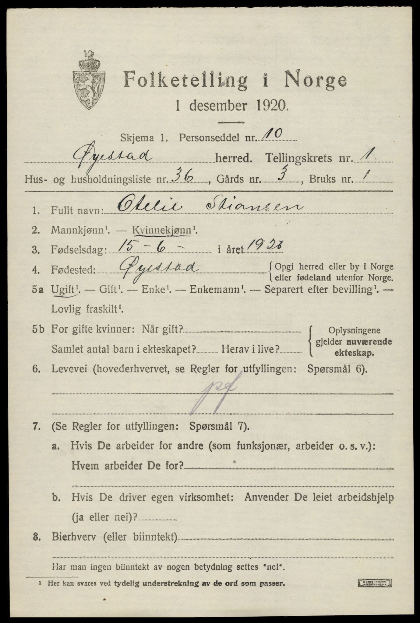 SAK, 1920 census for Øyestad, 1920, p. 2224