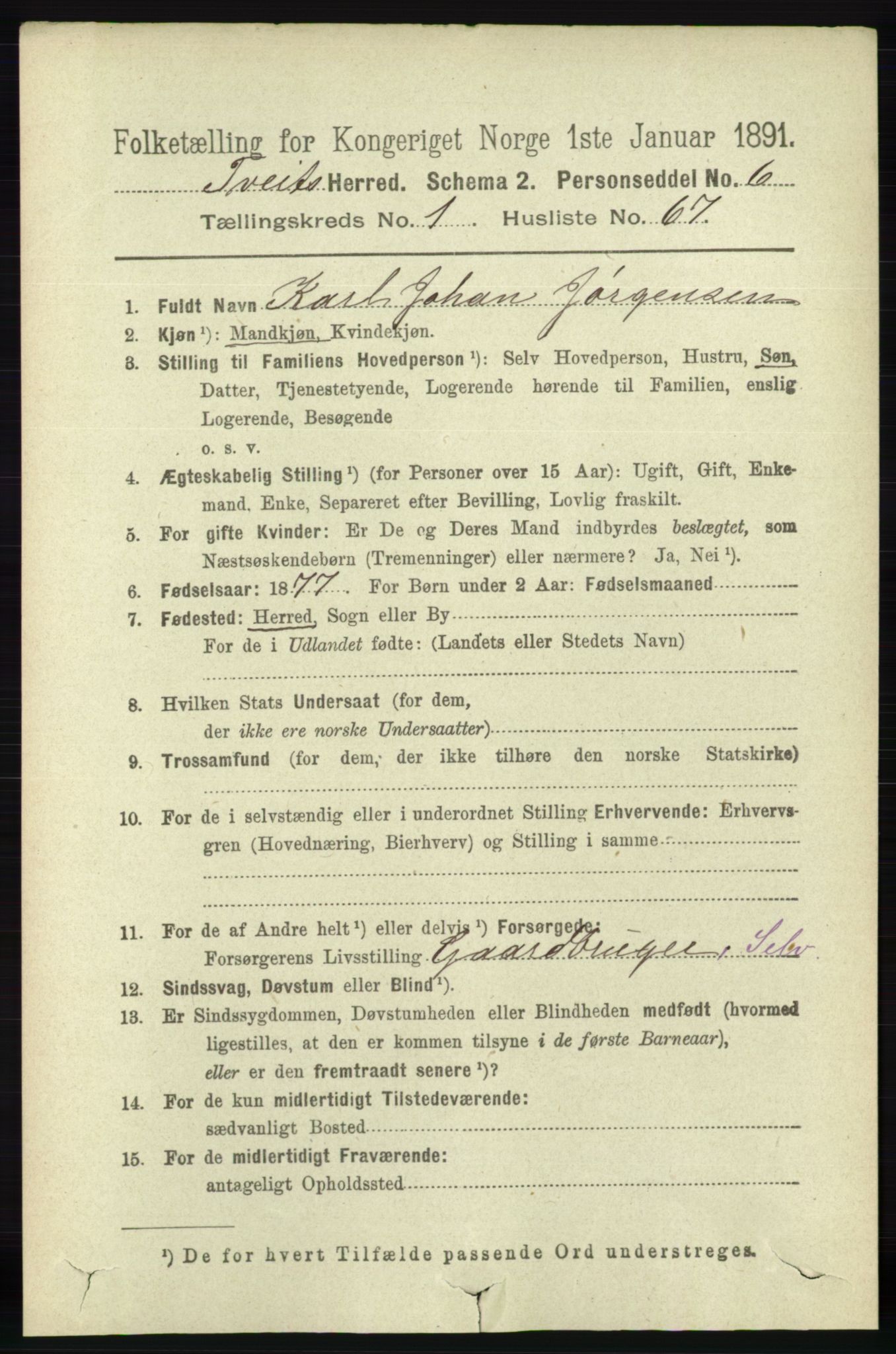 RA, 1891 census for 1013 Tveit, 1891, p. 407